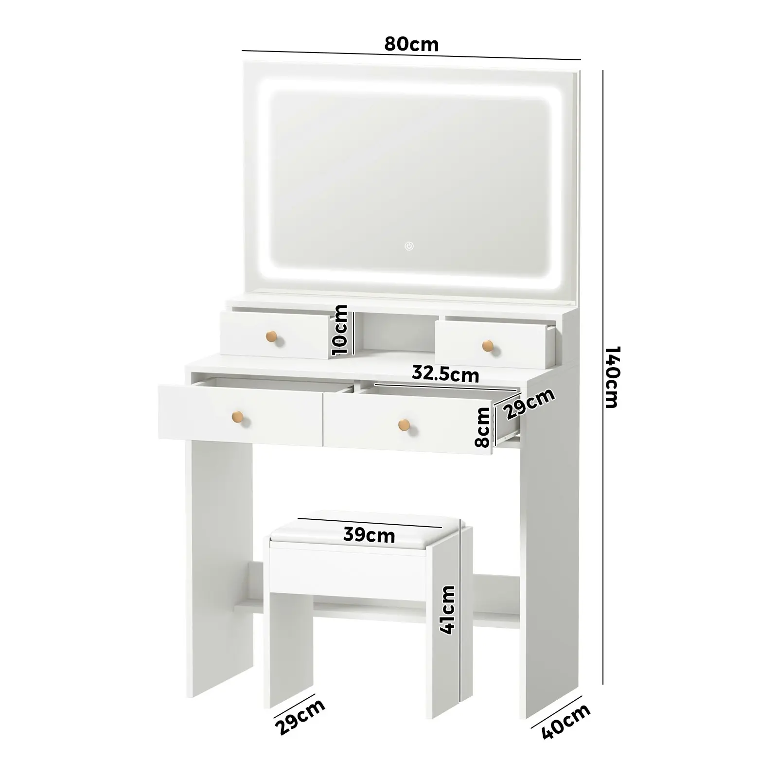 Oikiture Dressing Table Stool Set LED Mirror Vanity Desk with Drawers White