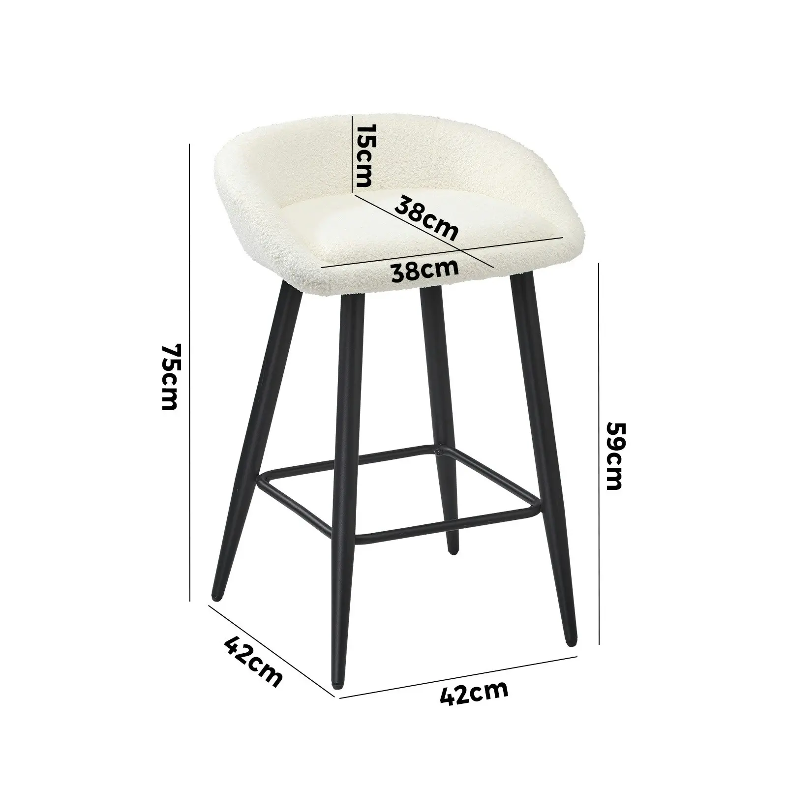 Oikiture 2x Bar Stools Kitchen Dining Chairs Counter Stool Boucle Fabric White