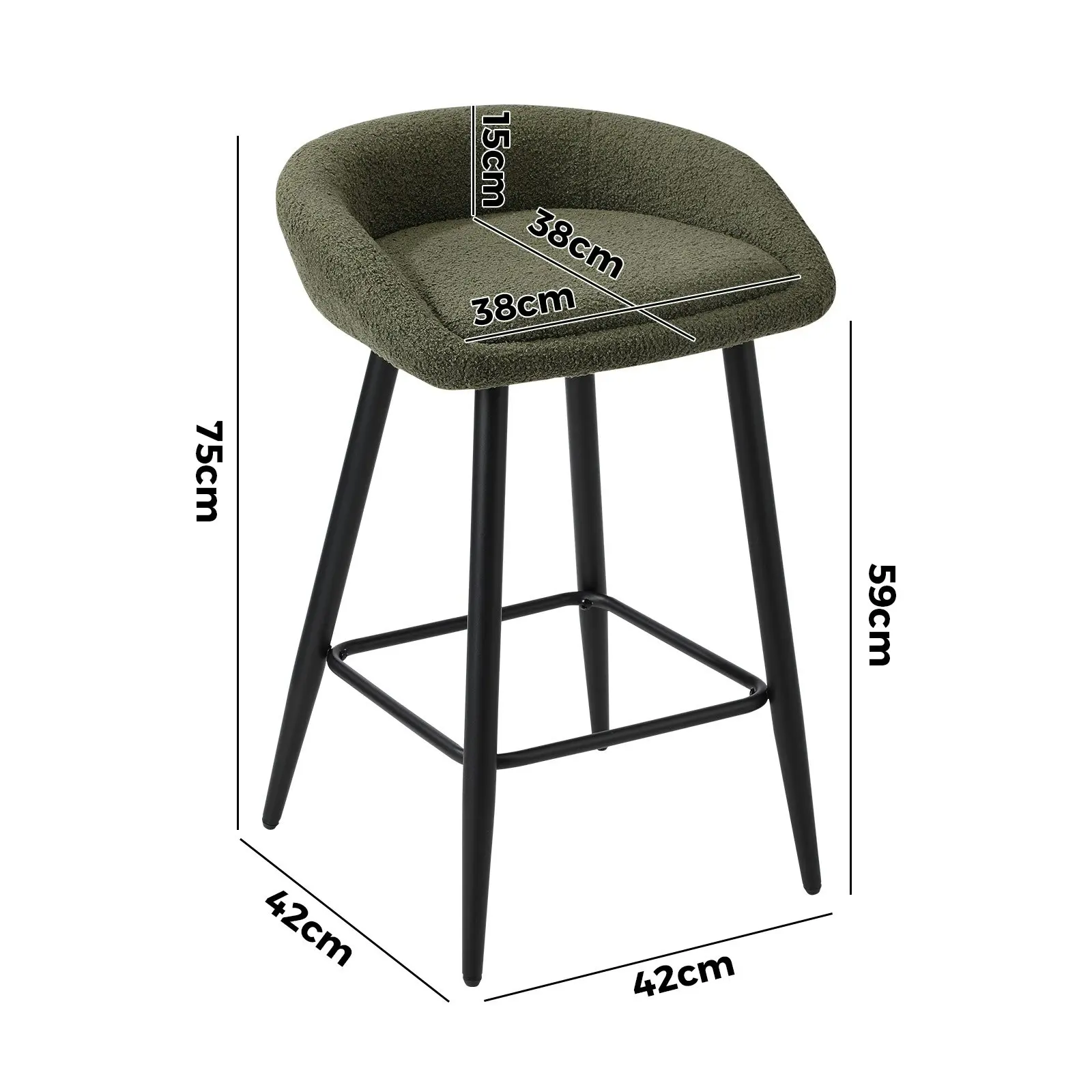 Oikiture 2x Bar Stools Kitchen Dining Chairs Counter Stool Boucle Fabric Green