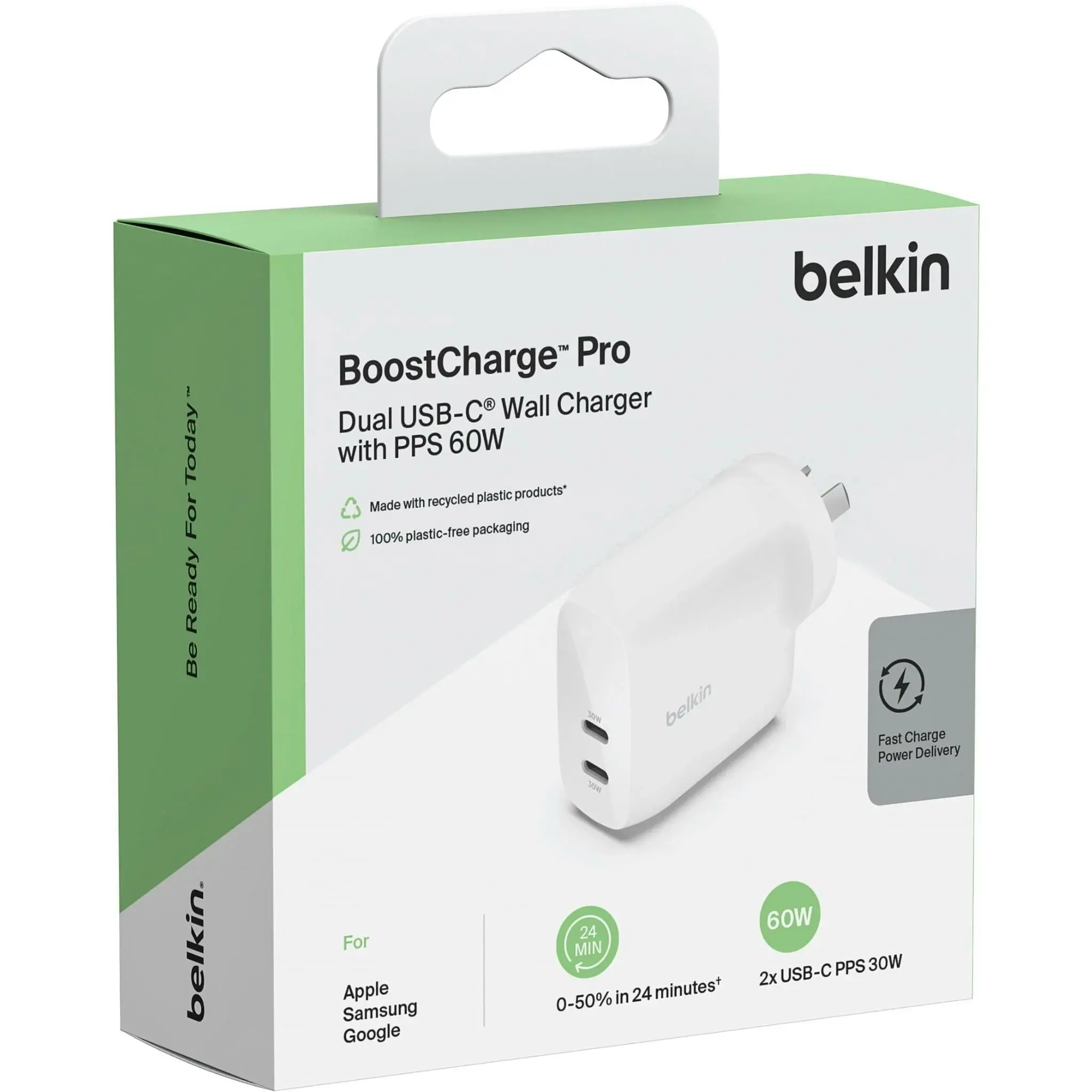 Belkin Boostcharge Pro Dual Usb-c Wall Charger W/ Pps 60w - White