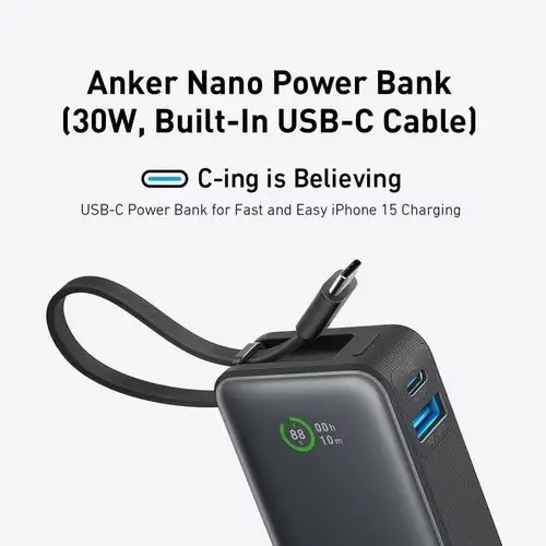 Anker Nano 10k 30w Power Bank With Built-in Usb-c Cable - Black