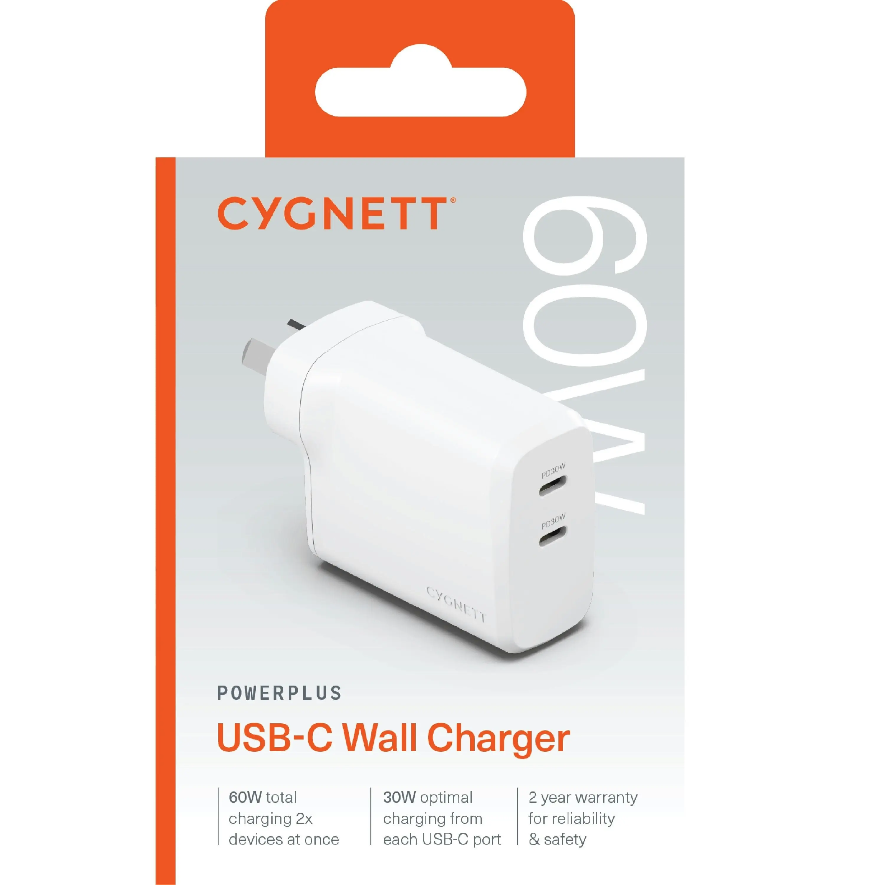 Cygnett Powerplus 60w Dual Port Usb-c Pd Fast Wall Charger -white