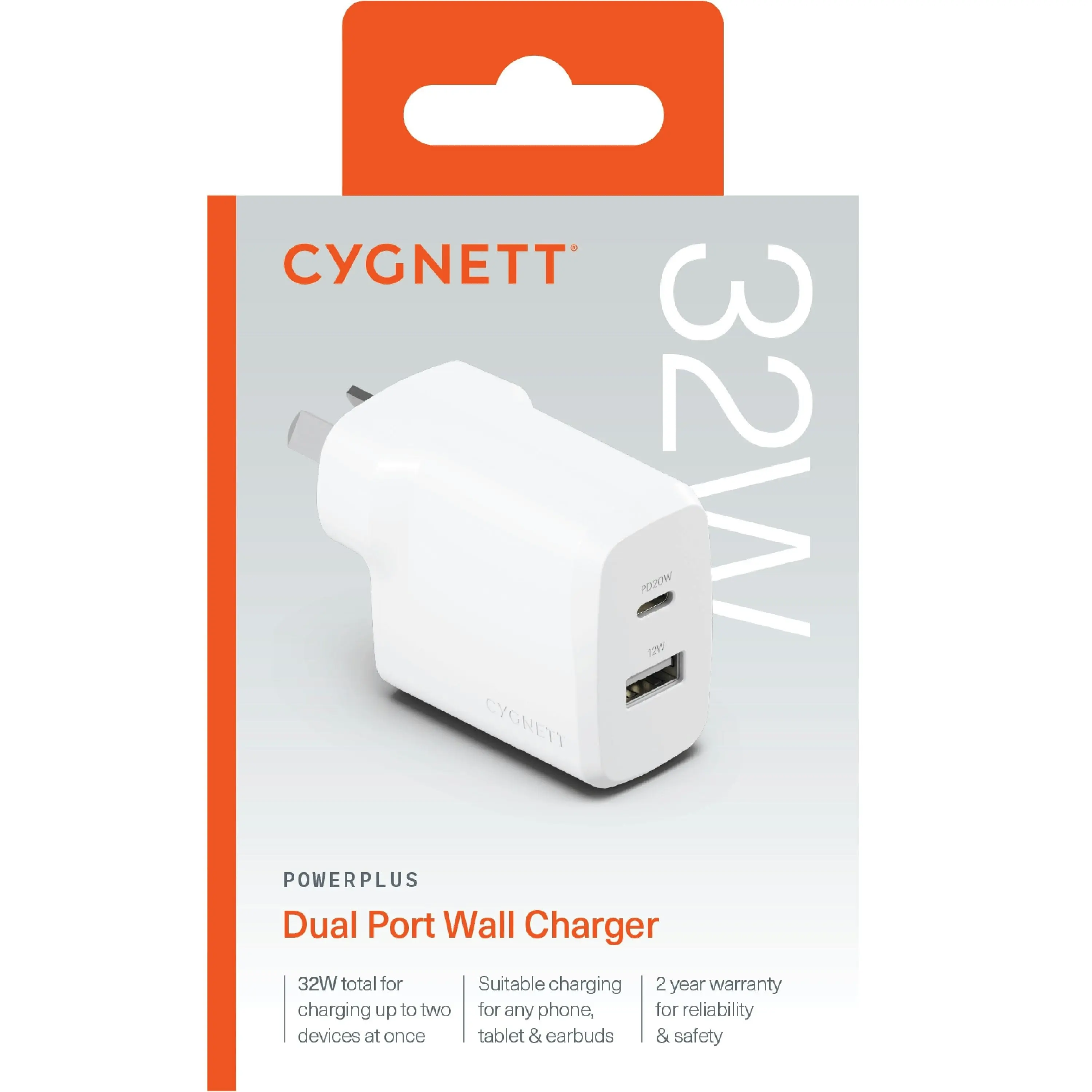 Cygnett Powerplus 32w Dual Port Pd Fast Wall Charger - White