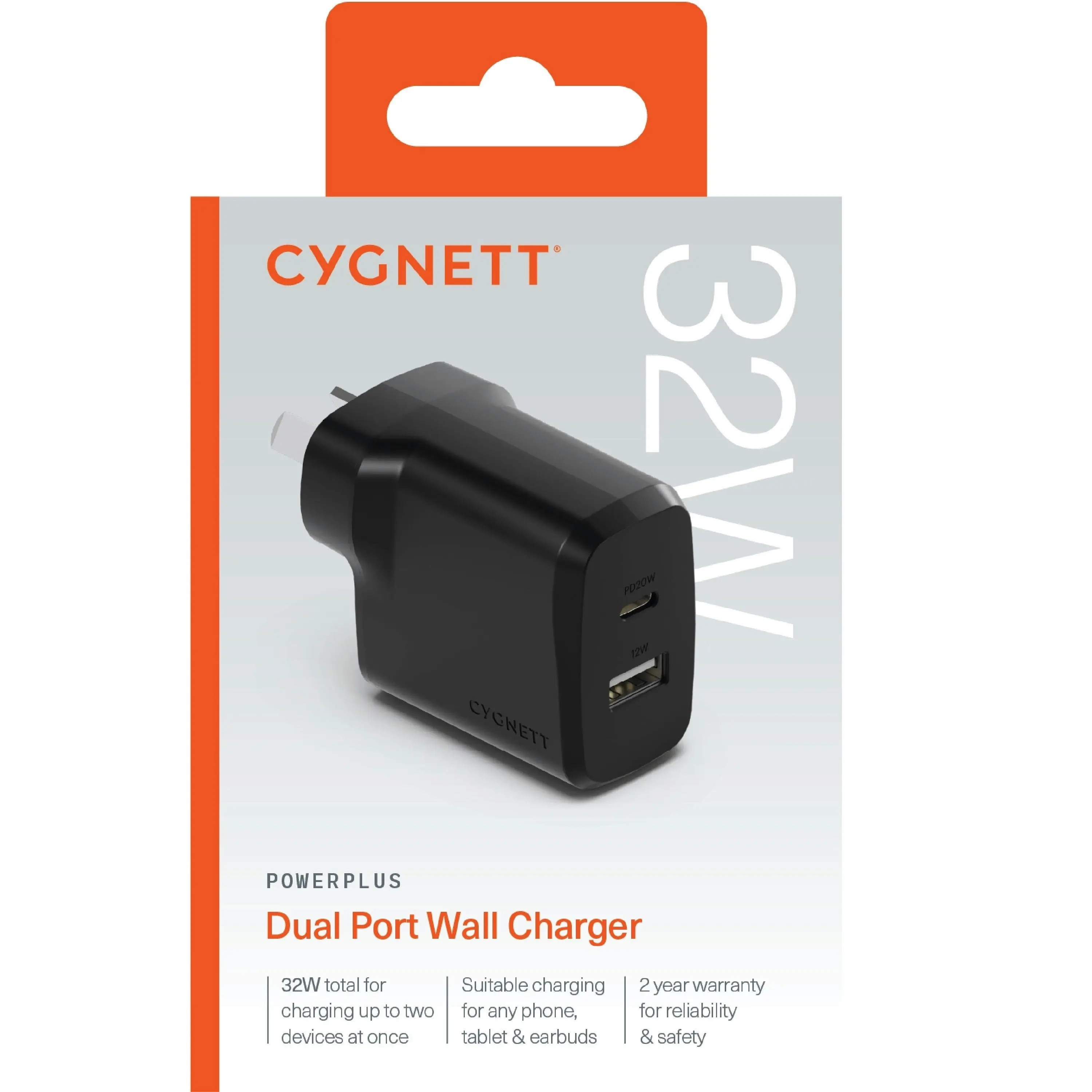 Cygnett Powerplus 32w Dual Port Pd Fast Wall Charger - Black