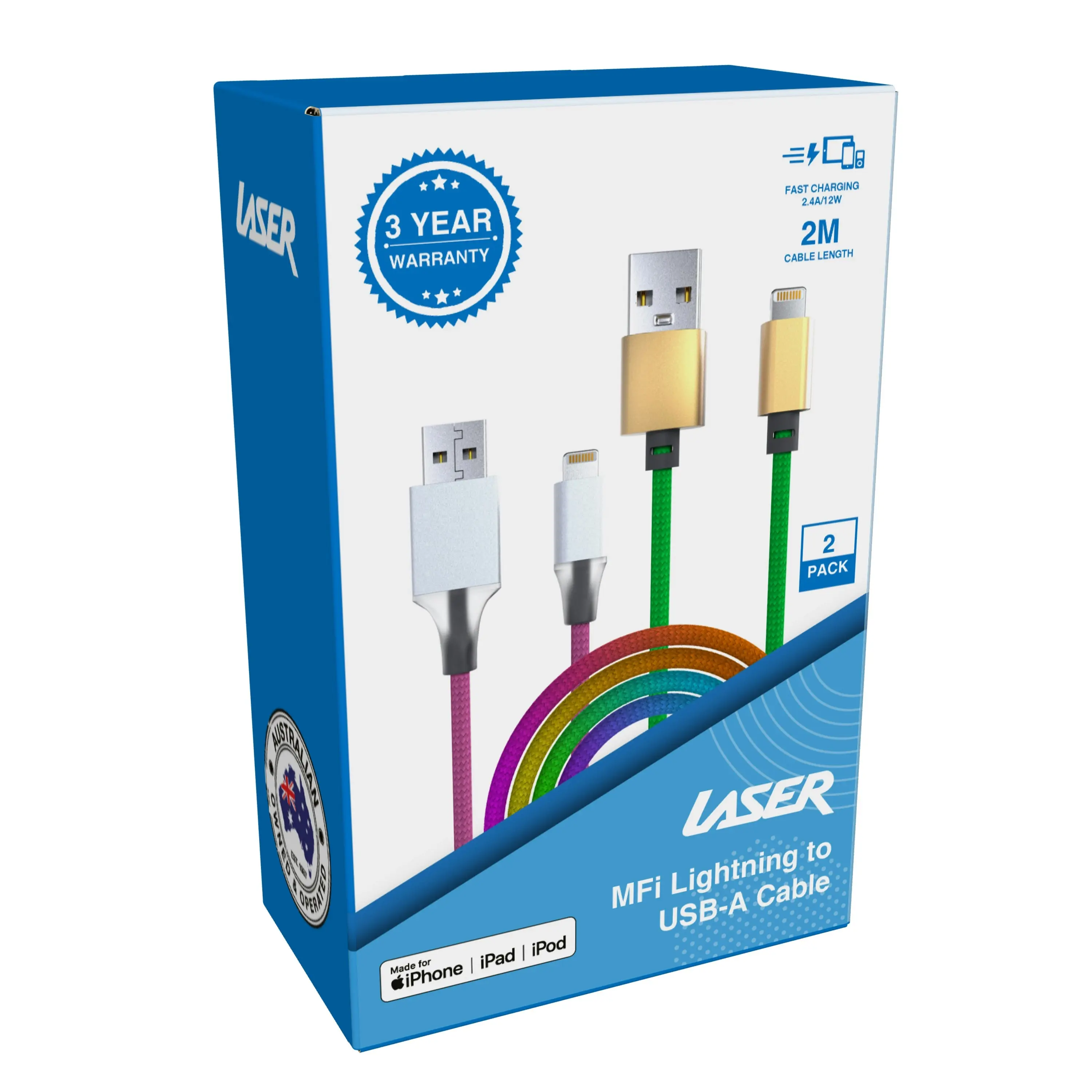 Laser 2m MFi Lightning to USB-A Cable 2 Pack Nylon Braid Rainbow