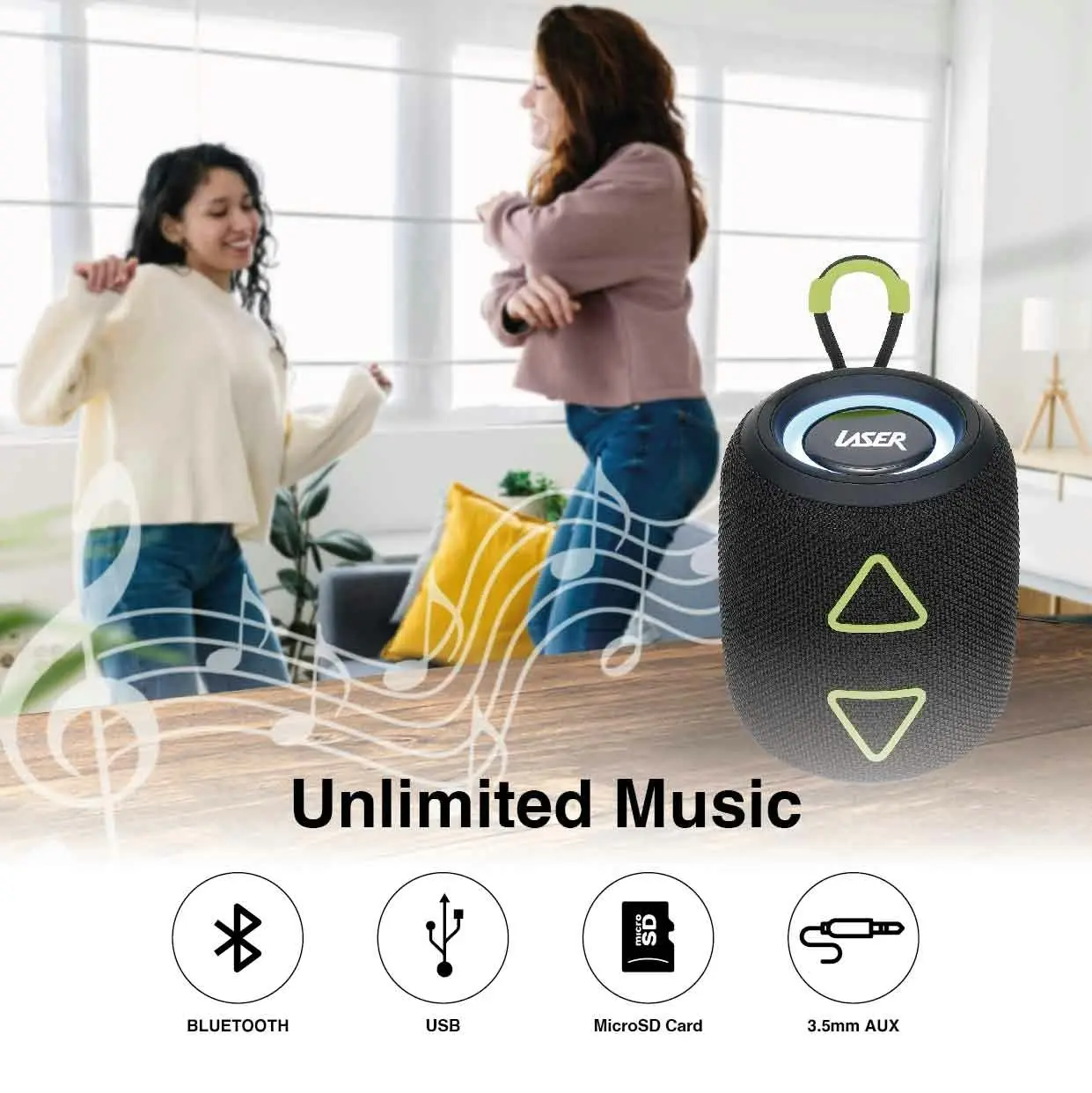 Laser Portable Fabric BT Speaker - TWS, Multi-Color, USB, SD