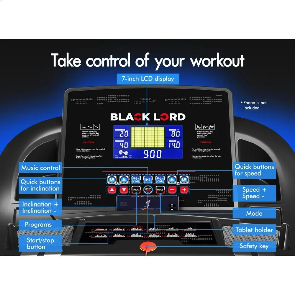 Black Lord Treadmill Electric Auto Incline Home Gym Exercise Machine 480MM