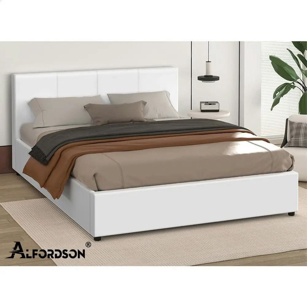 Alfordson Bed Frame King Size Gas Lift Storage Base White Leather TRICIA