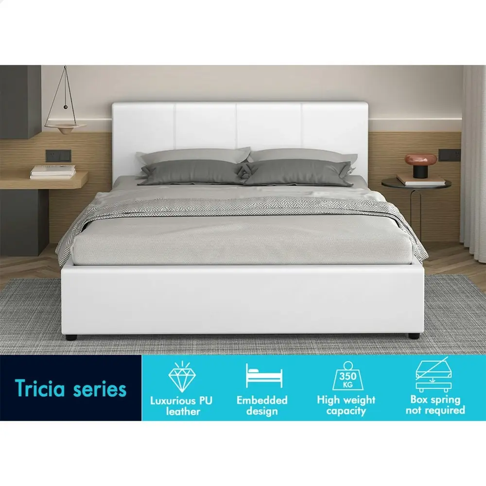 Alfordson Bed Frame King Size Gas Lift Storage Base White Leather TRICIA