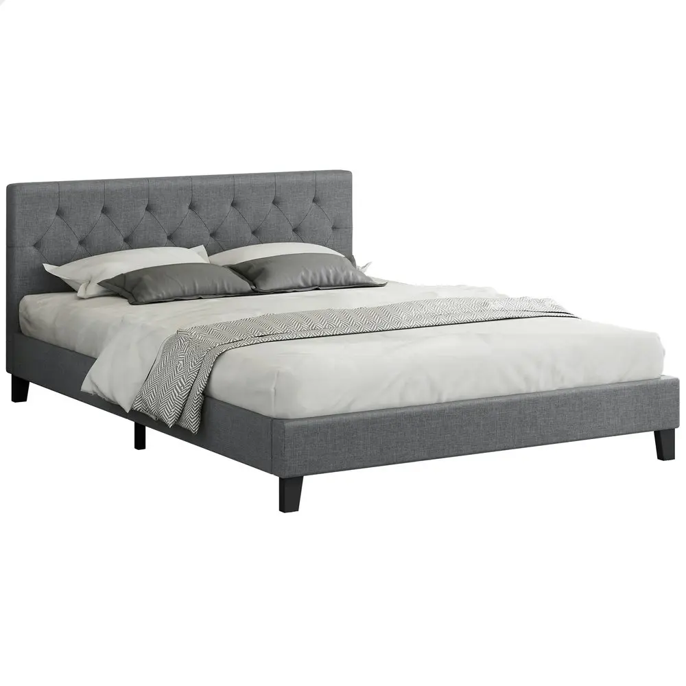 Alfordson Bed Frame Double Size Wooden Base Platform Grey Fabric MADELYN