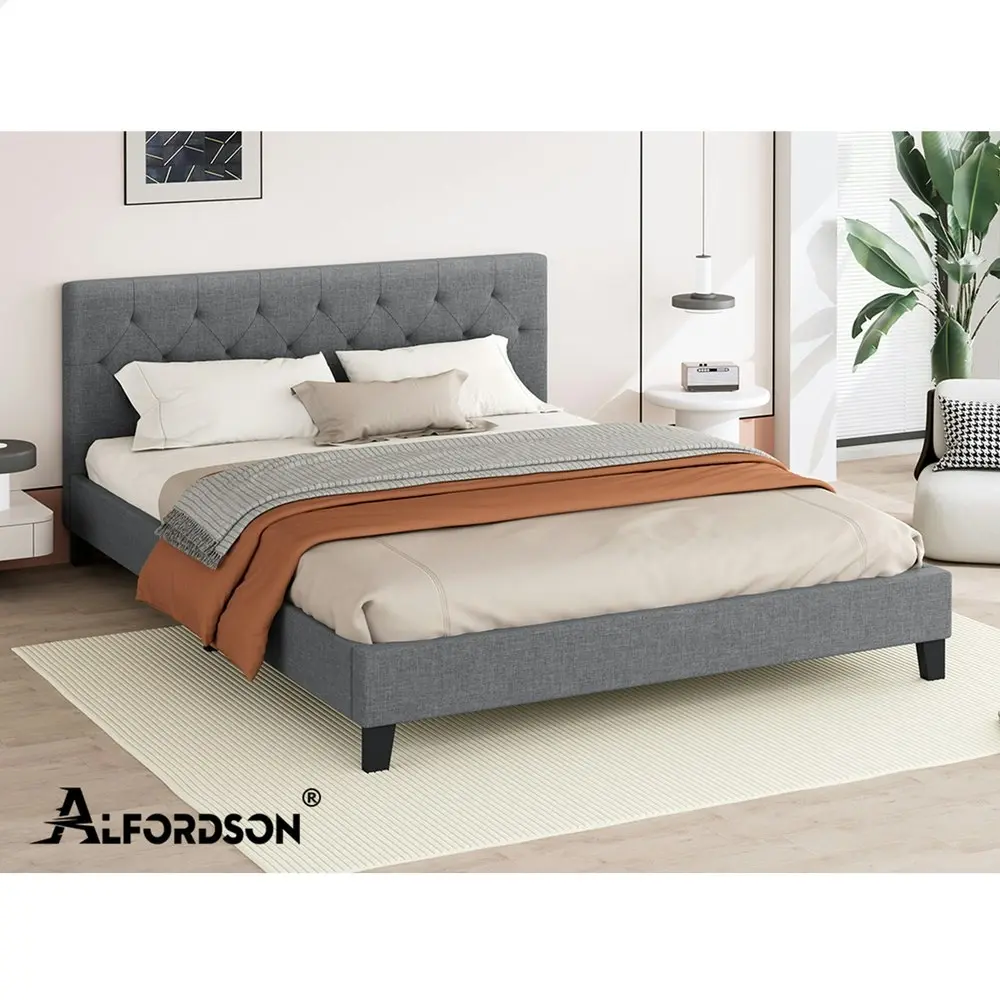 Alfordson Bed Frame Double Size Wooden Base Platform Grey Fabric MADELYN