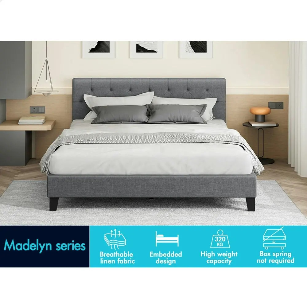 Alfordson Bed Frame Double Size Wooden Base Platform Grey Fabric MADELYN