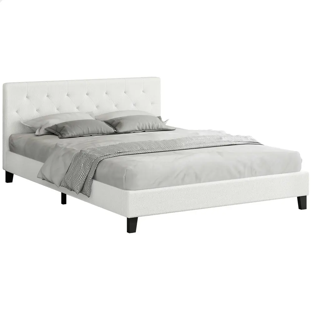 Alfordson Bed Frame Double Size Wooden Base Platform White Boucle MADELYN