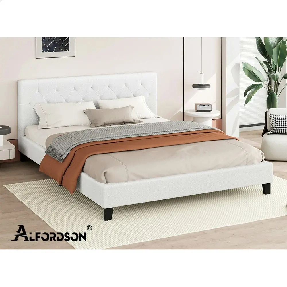 Alfordson Bed Frame Double Size Wooden Base Platform White Boucle MADELYN