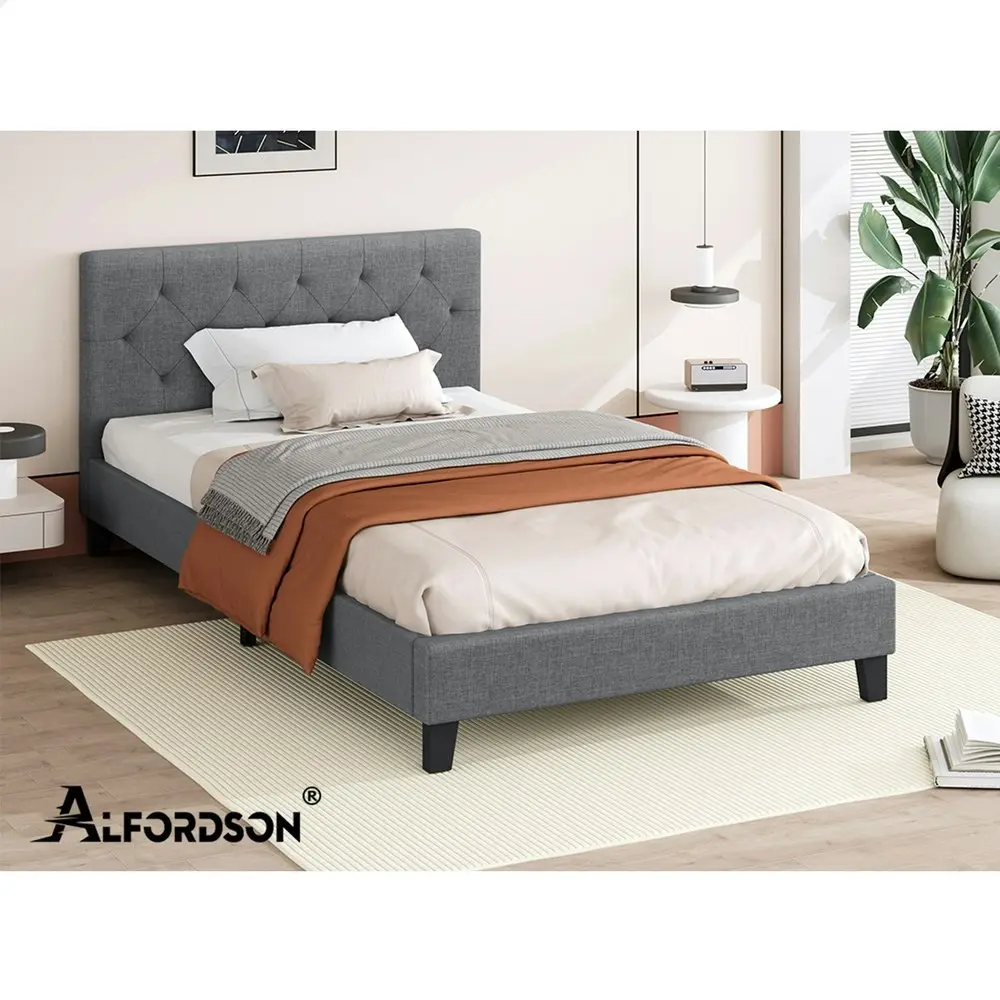 Alfordson Bed Frame King Single Wooden Base Platform Grey Fabric MADELYN