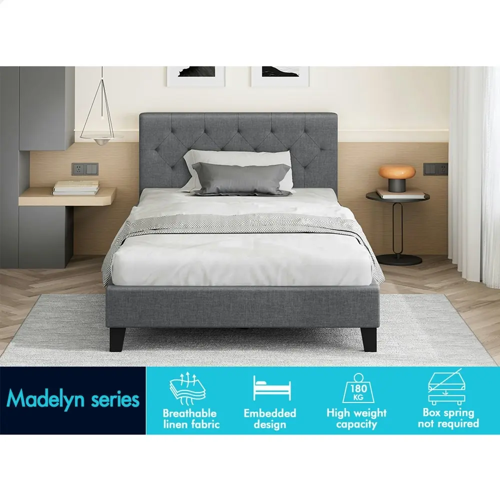 Alfordson Bed Frame King Single Wooden Base Platform Grey Fabric MADELYN