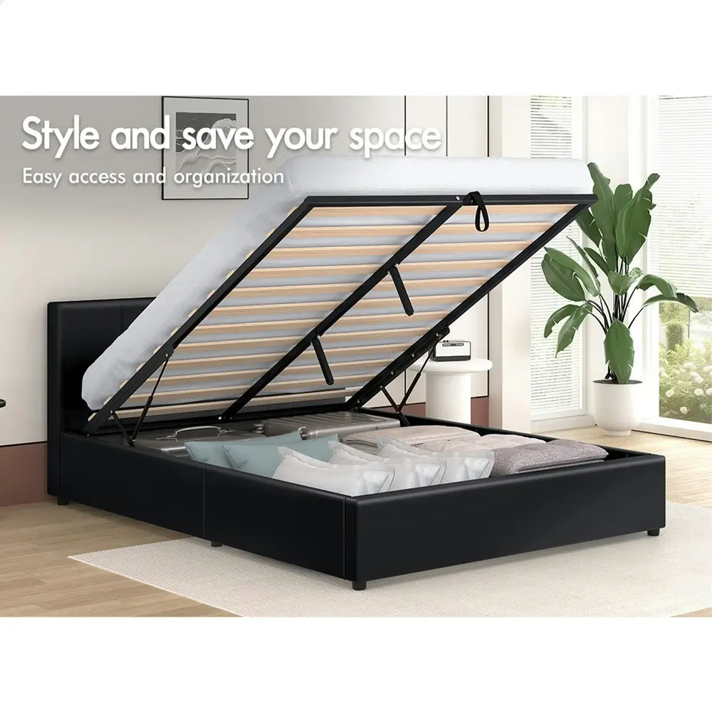 Alfordson Bed Frame Double Size Gas Lift Storage Base Black Leather CALLA