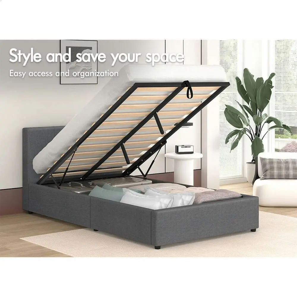 Alfordson Bed Frame King Single Gas Lift Storage Base Grey Fabric CALLA