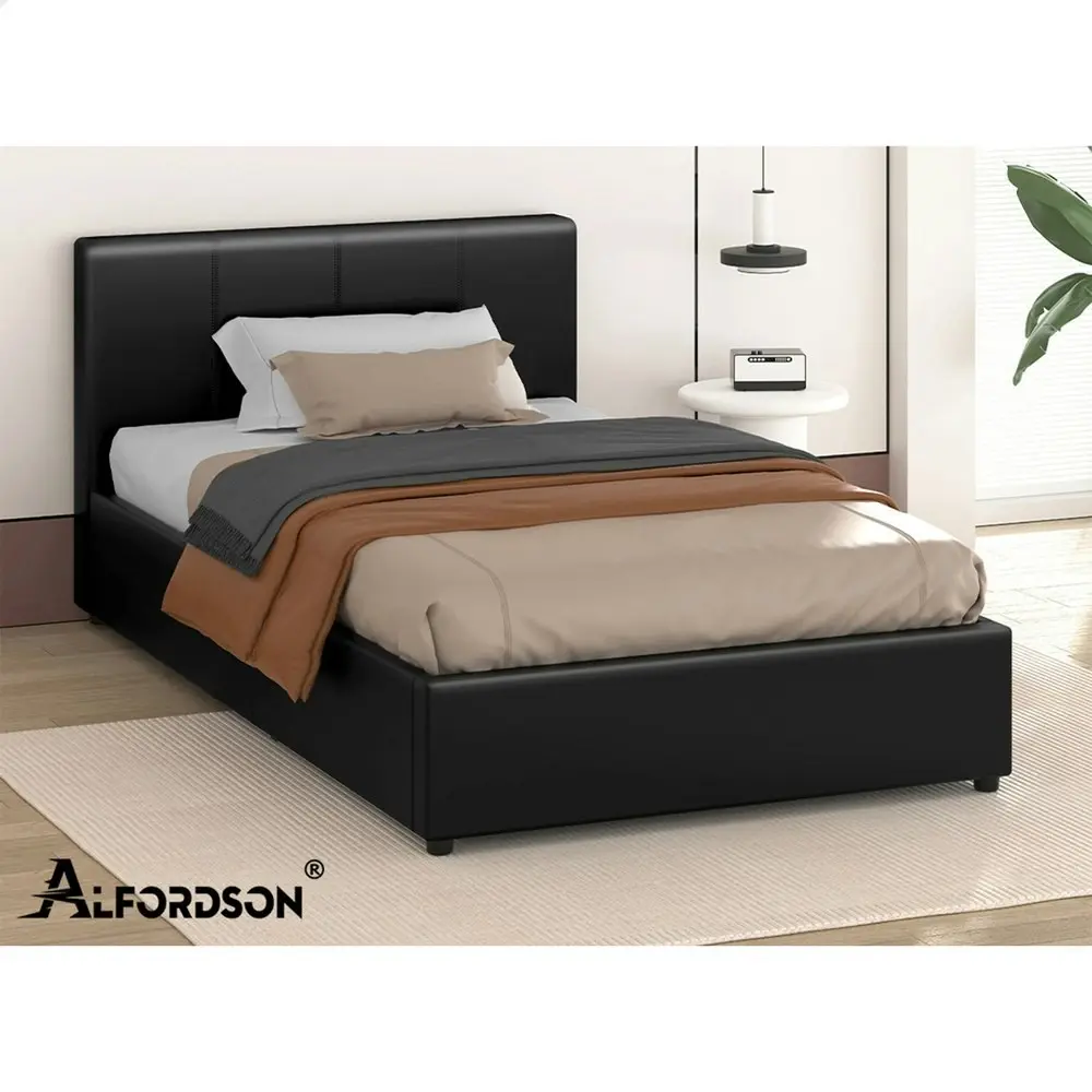 Alfordson Bed Frame King Single Gas Lift Storage Base Black Leather CALLA