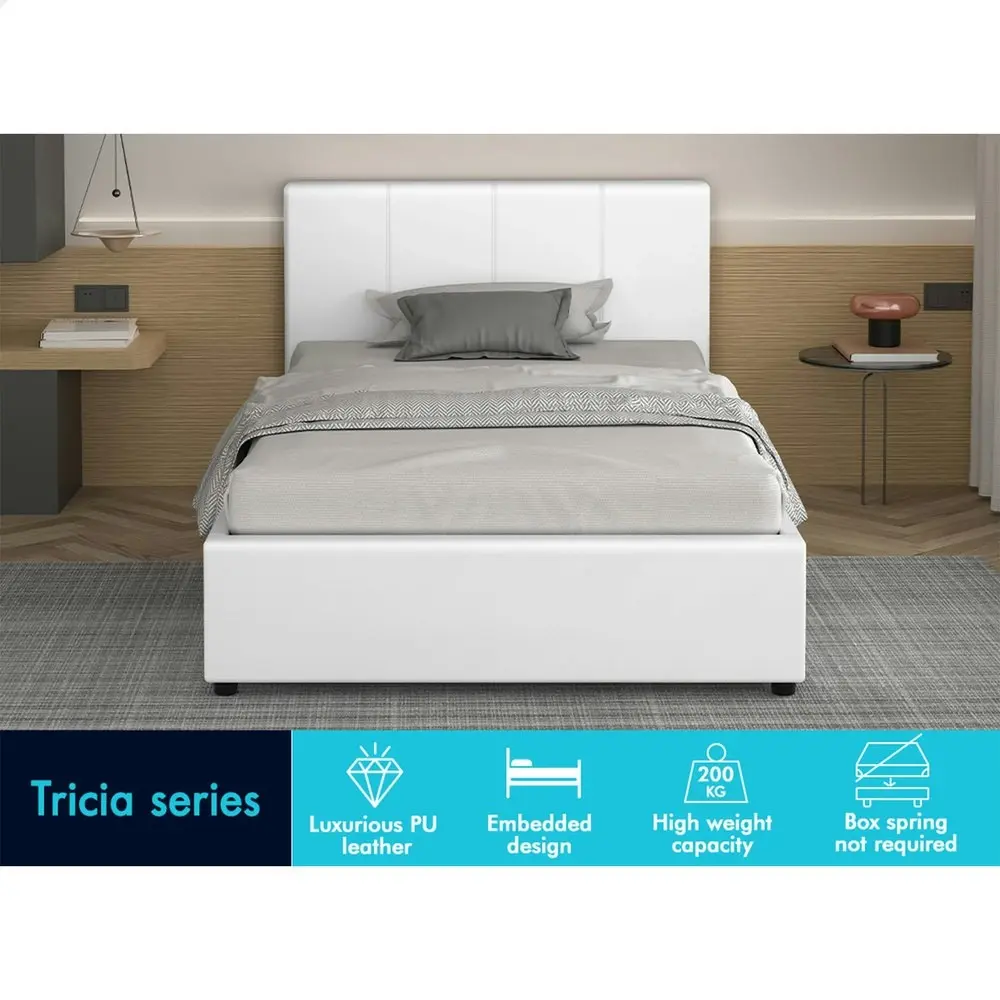 Alfordson Bed Frame King Single Gas Lift Storage Base White Leather TRICIA