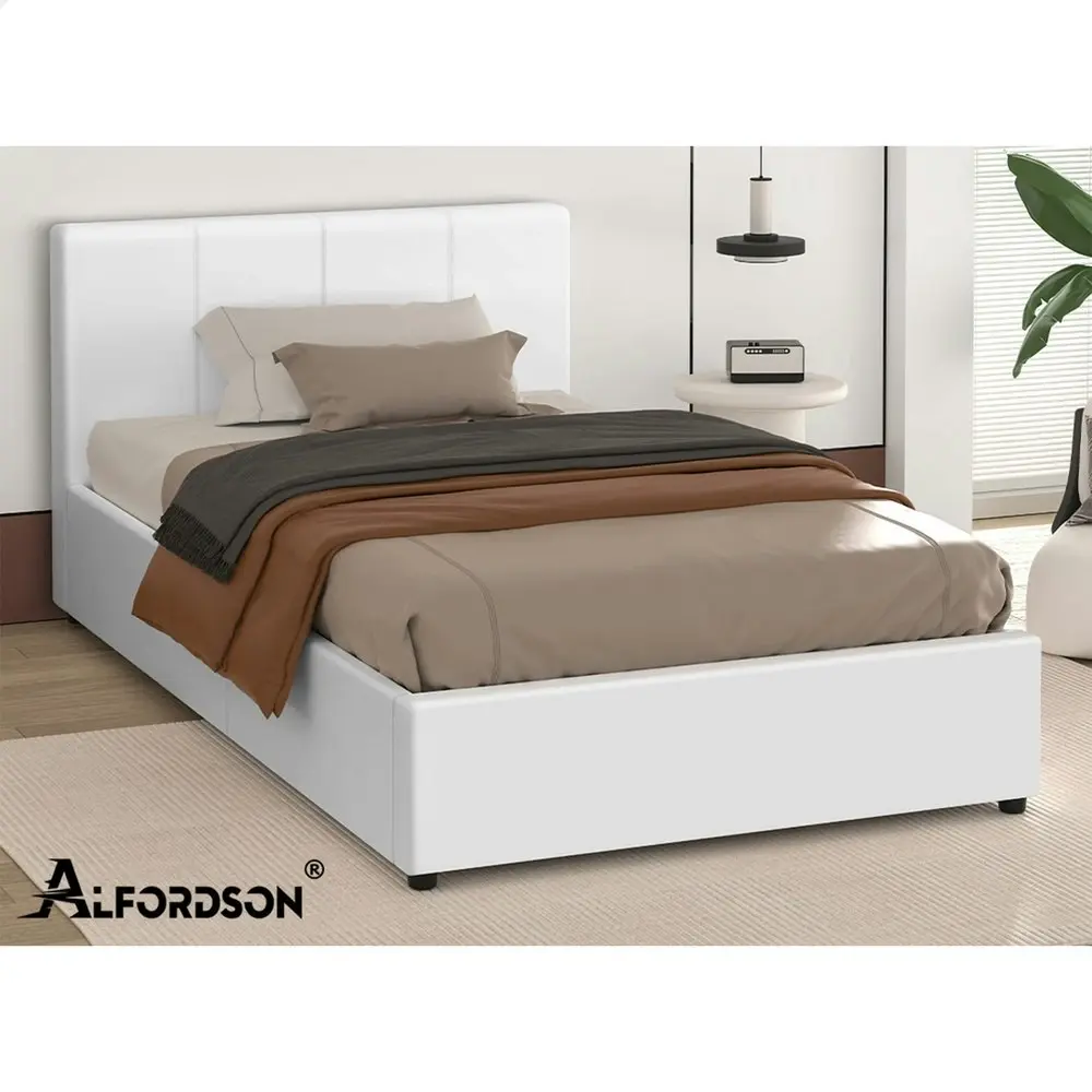 Alfordson Bed Frame King Single Gas Lift Storage Base White Leather TRICIA