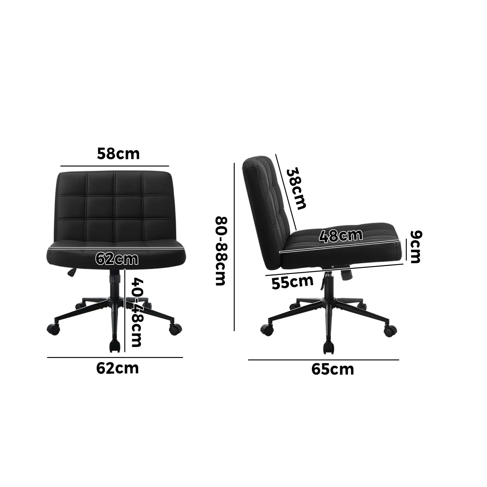 Oikiture Mid Back Armless Office Desk Chair Wide Seat PU Leather Black w/Wheels