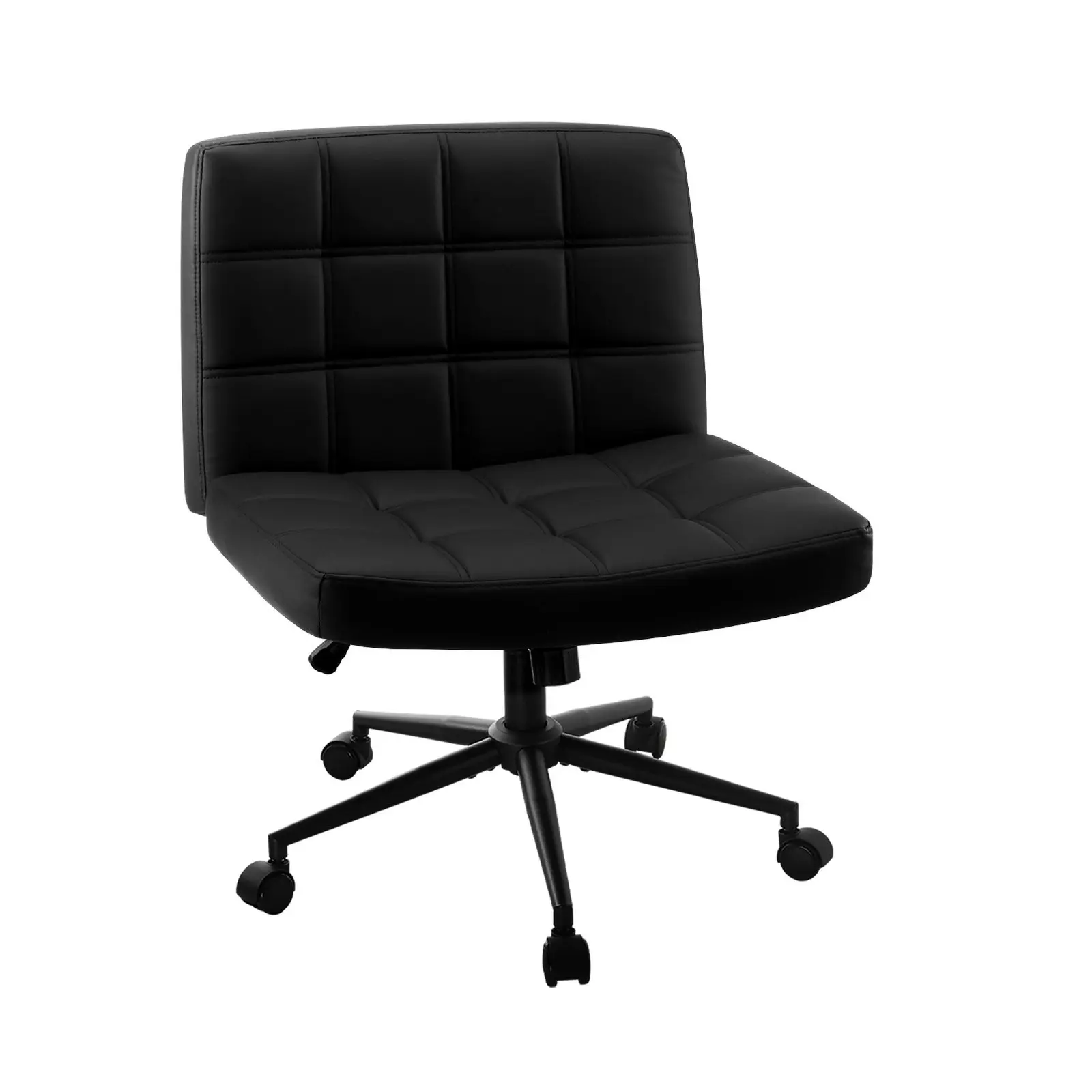 Oikiture Mid Back Armless Office Desk Chair Wide Seat PU Leather Black w/Wheels