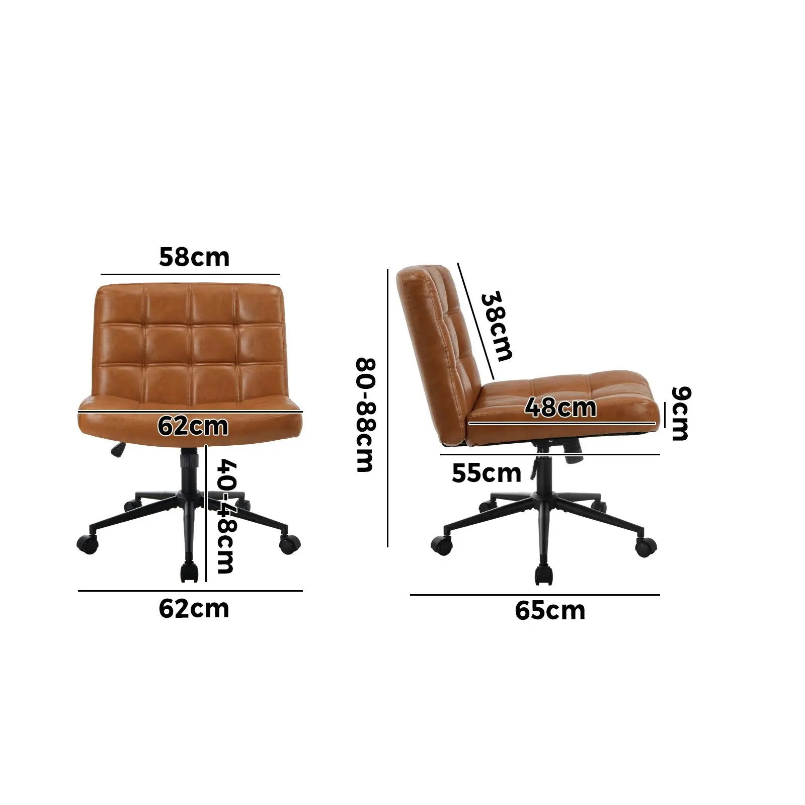 Oikiture Mid Back Armless Office Desk Chair Wide Seat PU Leather Brown w/Wheels