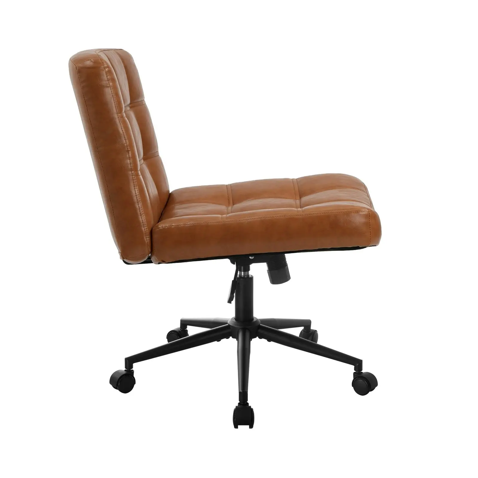 Oikiture Mid Back Armless Office Desk Chair Wide Seat PU Leather Brown w/Wheels