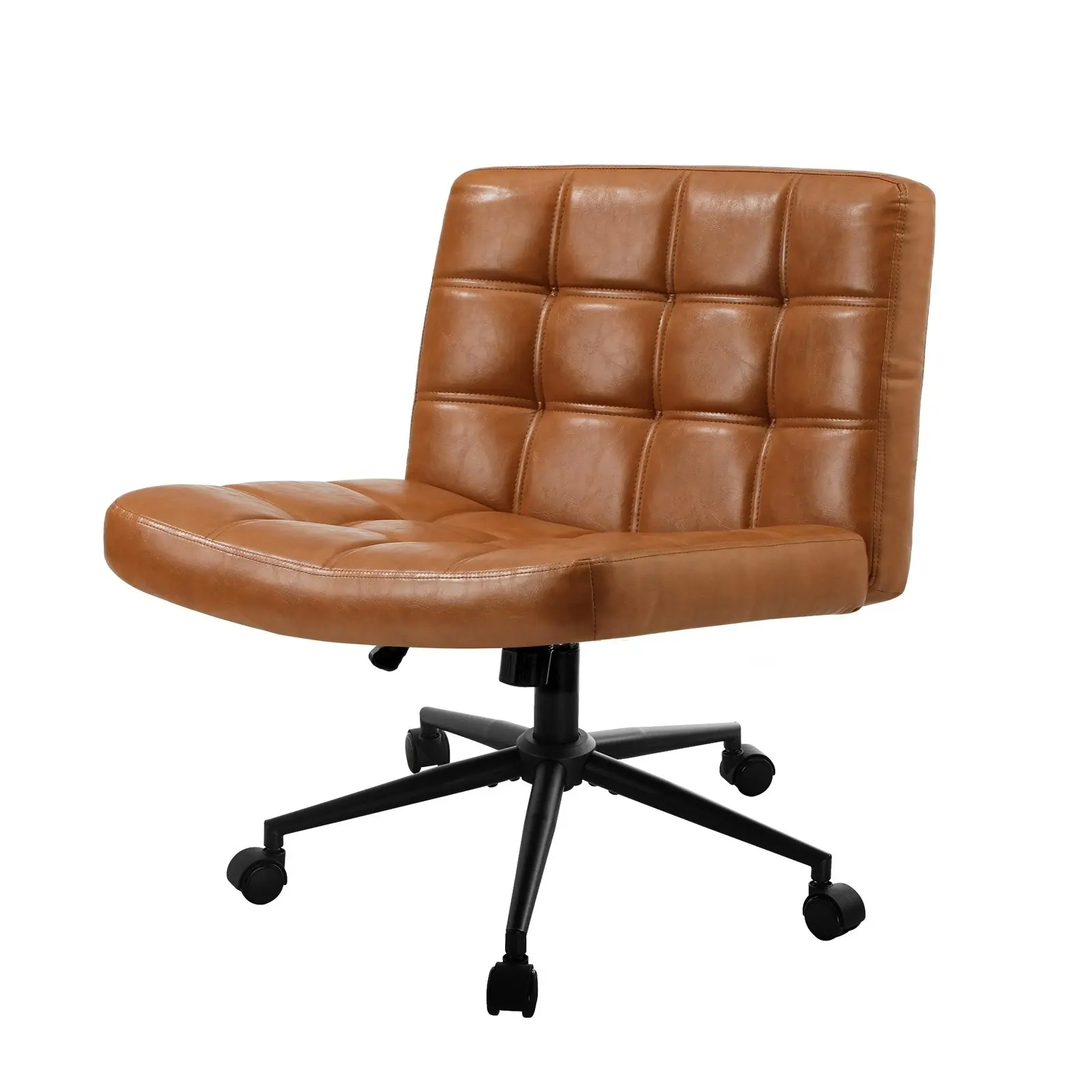 Oikiture Mid Back Armless Office Desk Chair Wide Seat PU Leather Brown w/Wheels