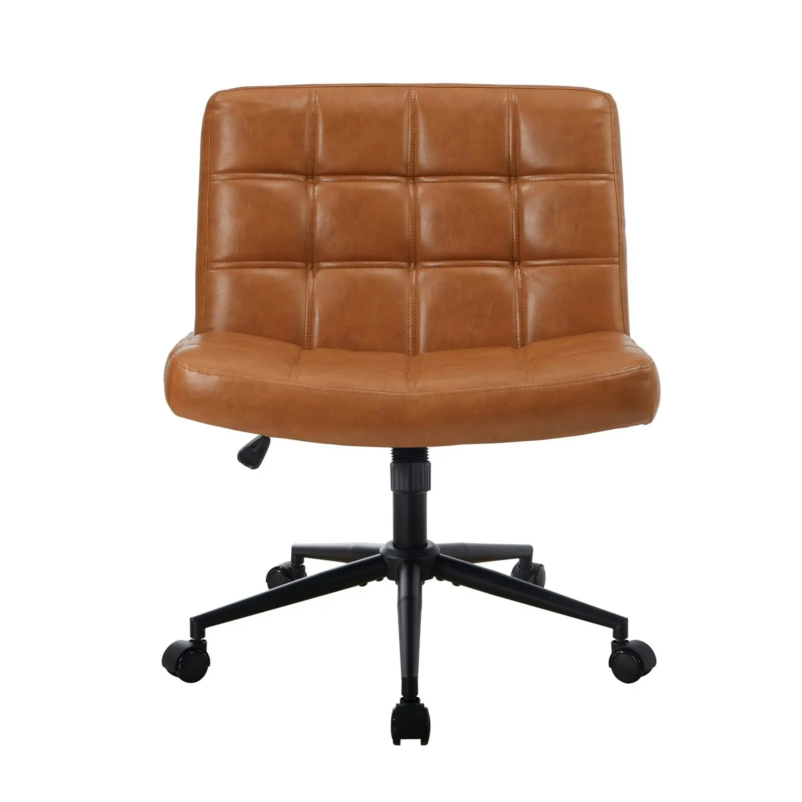 Oikiture Mid Back Armless Office Desk Chair Wide Seat PU Leather Brown w/Wheels