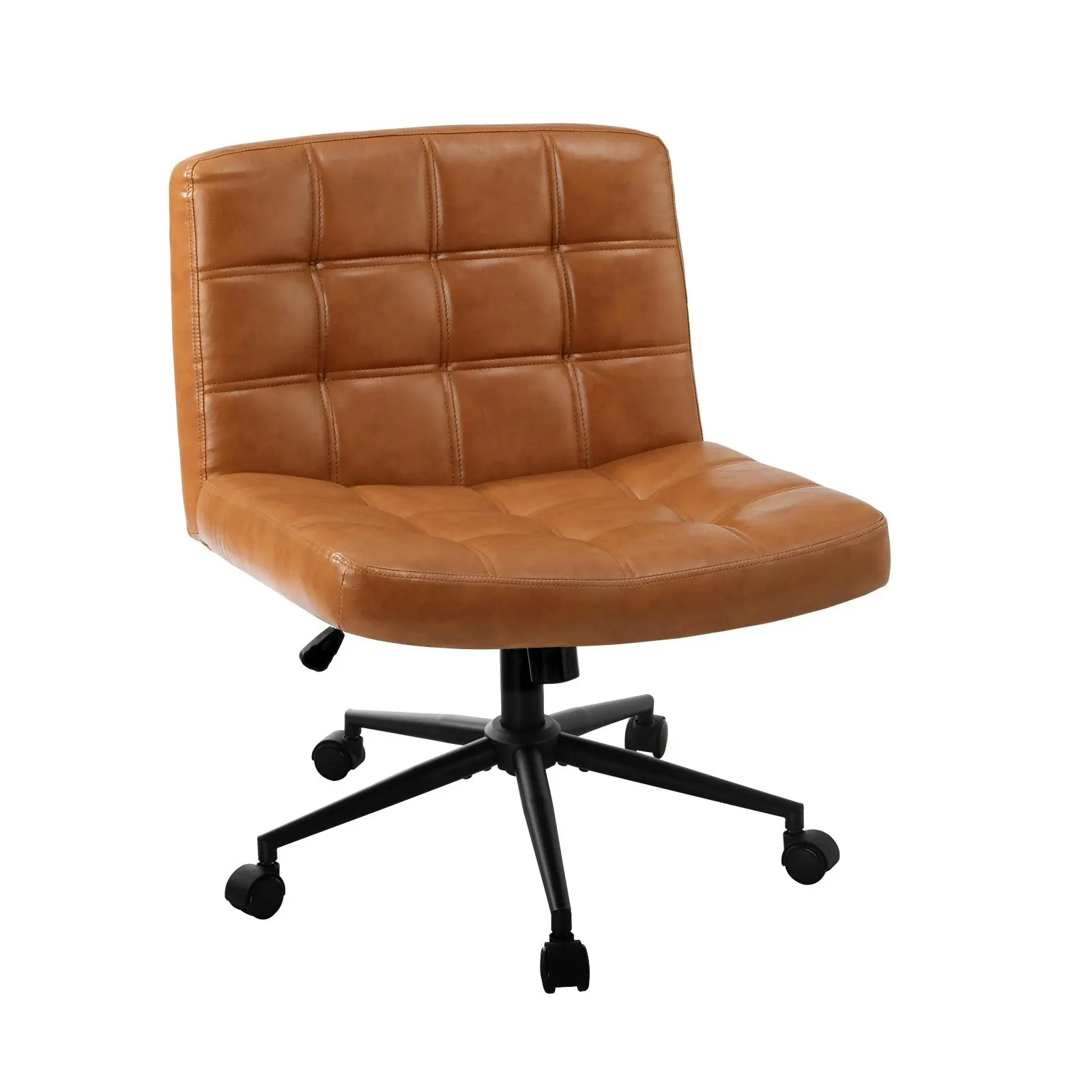 Oikiture Mid Back Armless Office Desk Chair Wide Seat PU Leather Brown w/Wheels