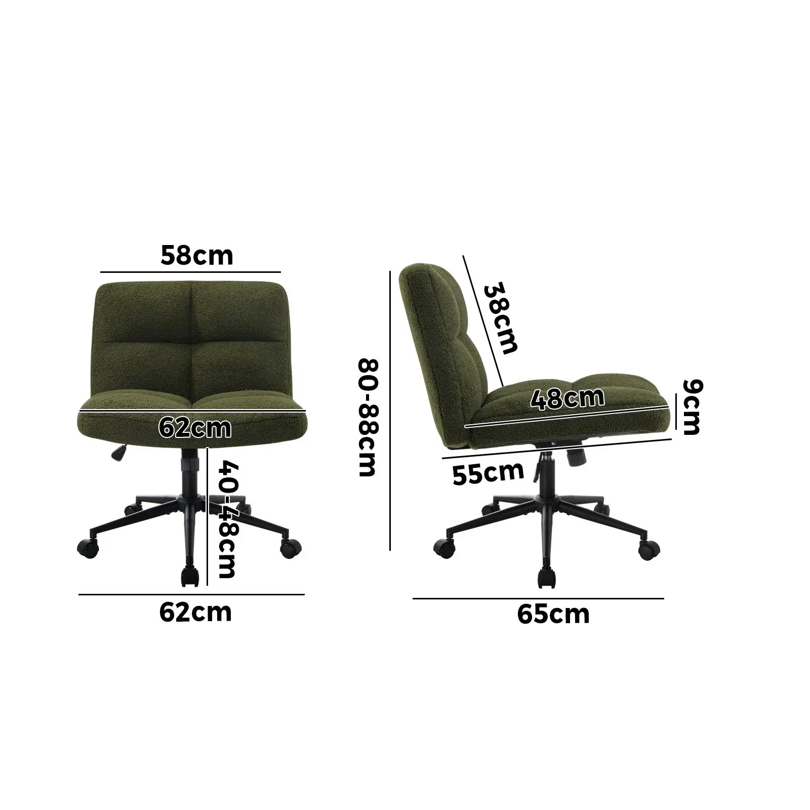 Oikiture Mid Back Armless Office Desk Chair Wide Seat with Wheels Boucle Green