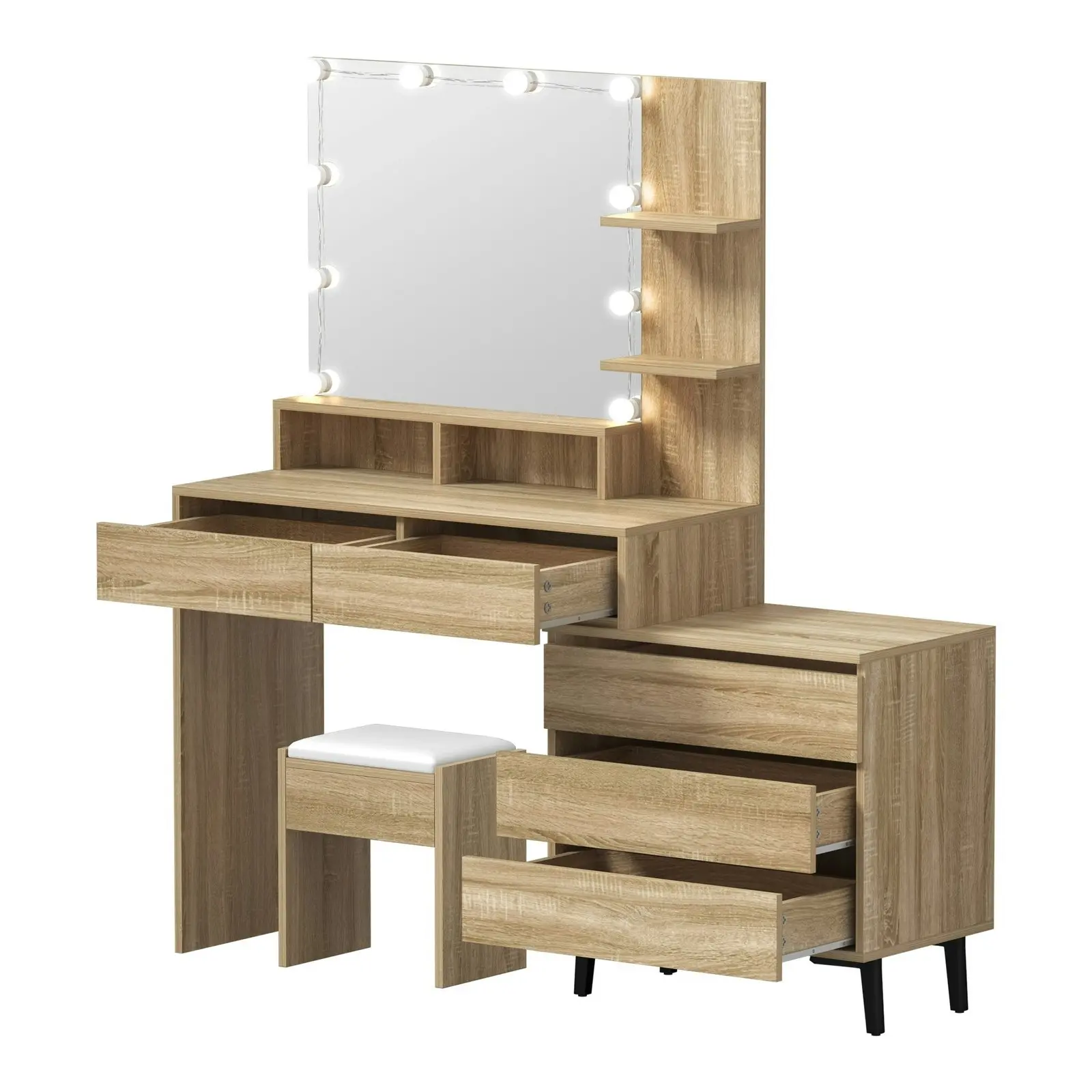 Oikiture Dressing Table Stool Set Makeup Mirror 10 LED Bulbs Cabinet Natural