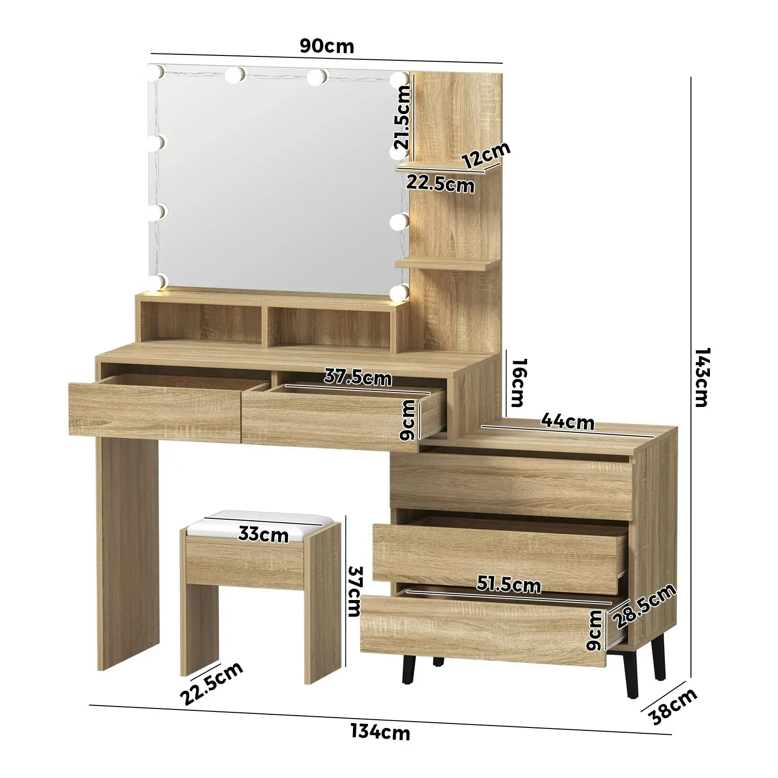 Oikiture Dressing Table Stool Set Makeup Mirror 10 LED Bulbs Cabinet Natural