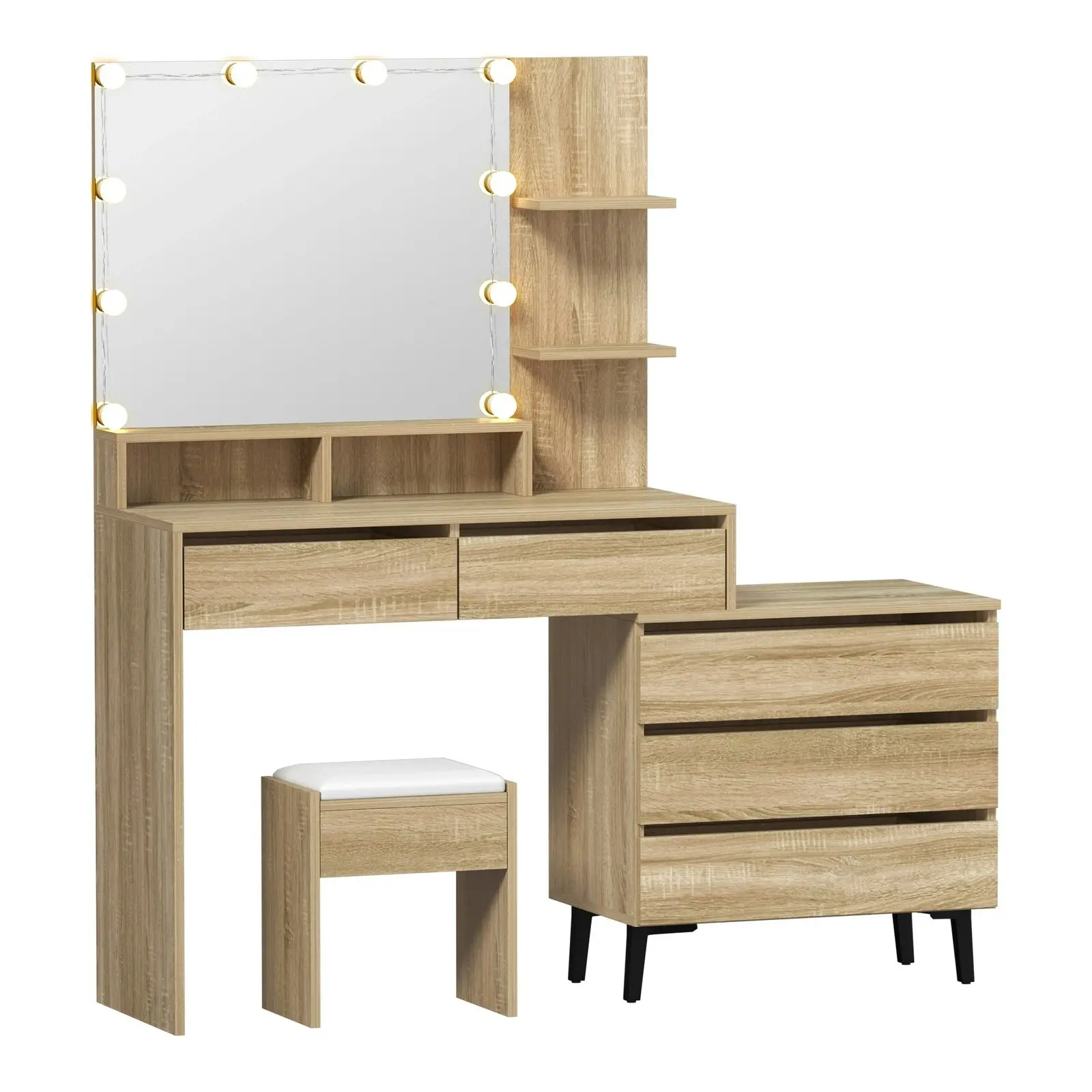 Oikiture Dressing Table Stool Set Makeup Mirror 10 LED Bulbs Cabinet Natural