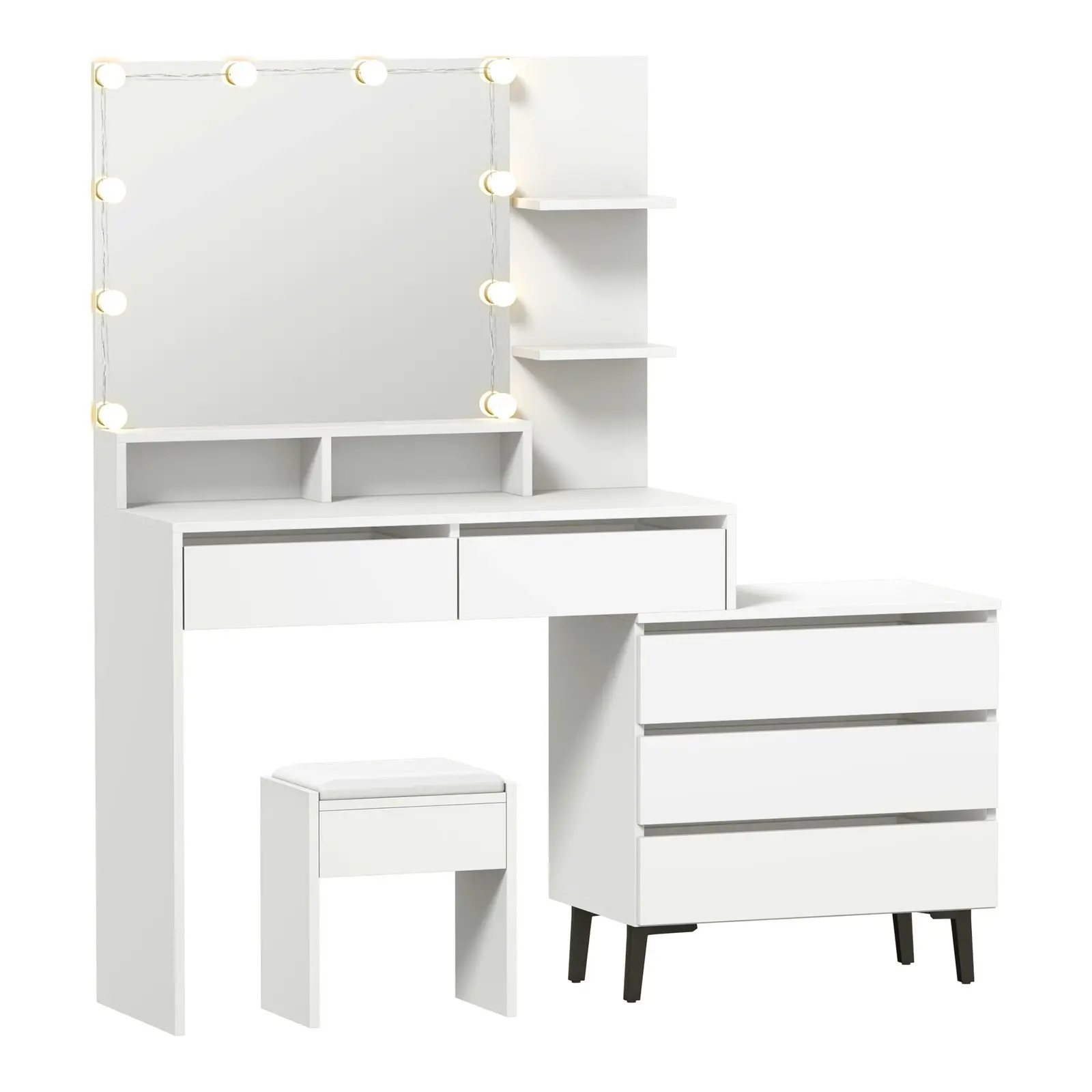 Oikiture Dressing Table Stool Set Makeup Mirror 10 LED Bulbs Cabinet White