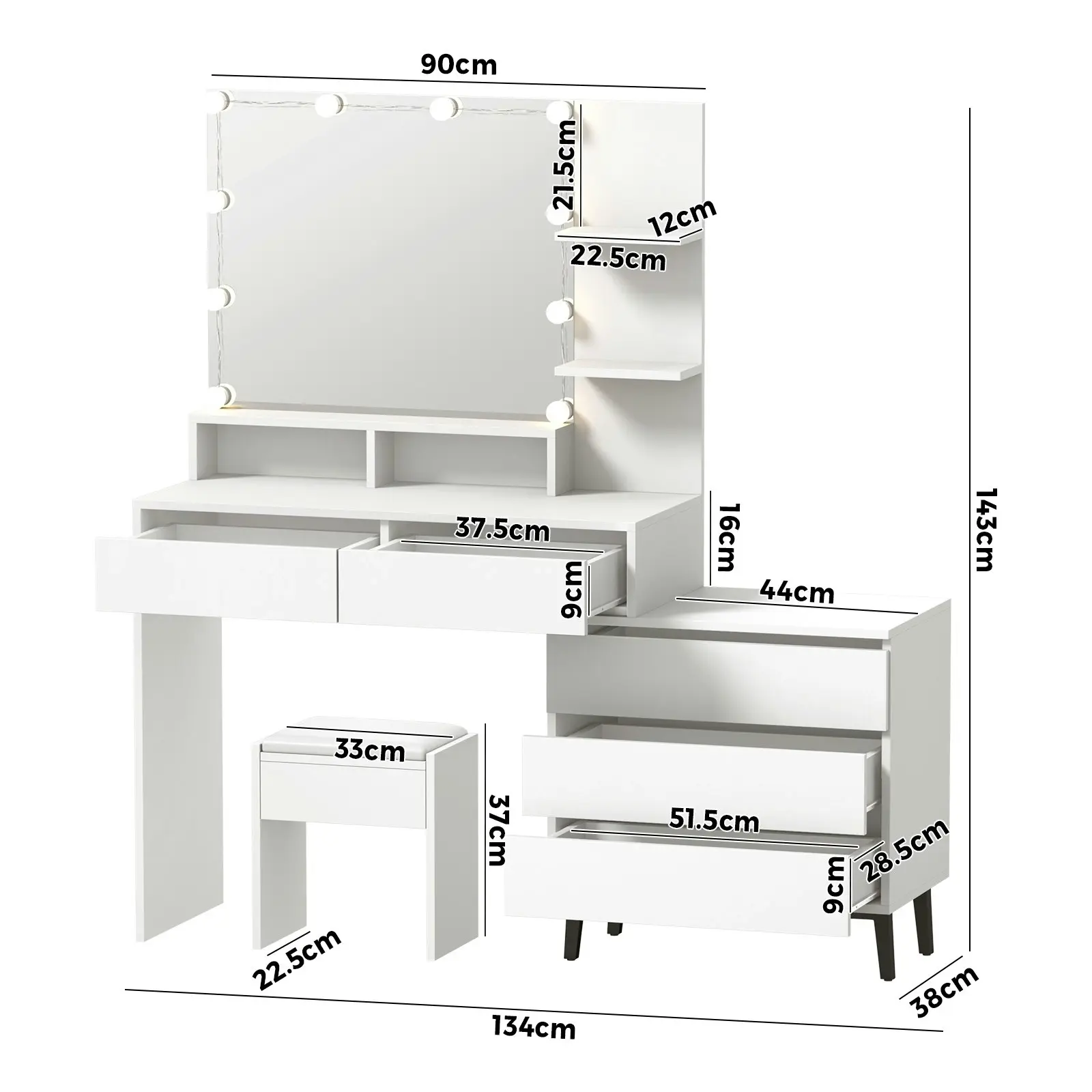 Oikiture Dressing Table Stool Set Makeup Mirror 10 LED Bulbs Cabinet White