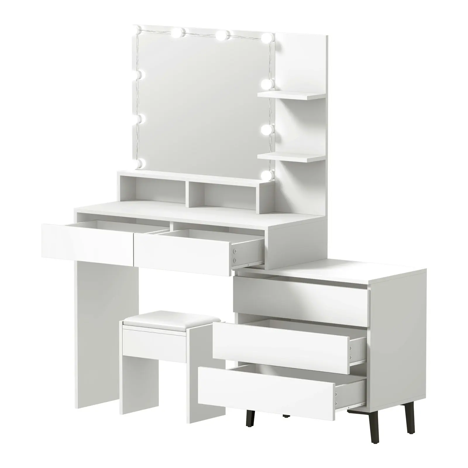 Oikiture Dressing Table Stool Set Makeup Mirror 10 LED Bulbs Cabinet White