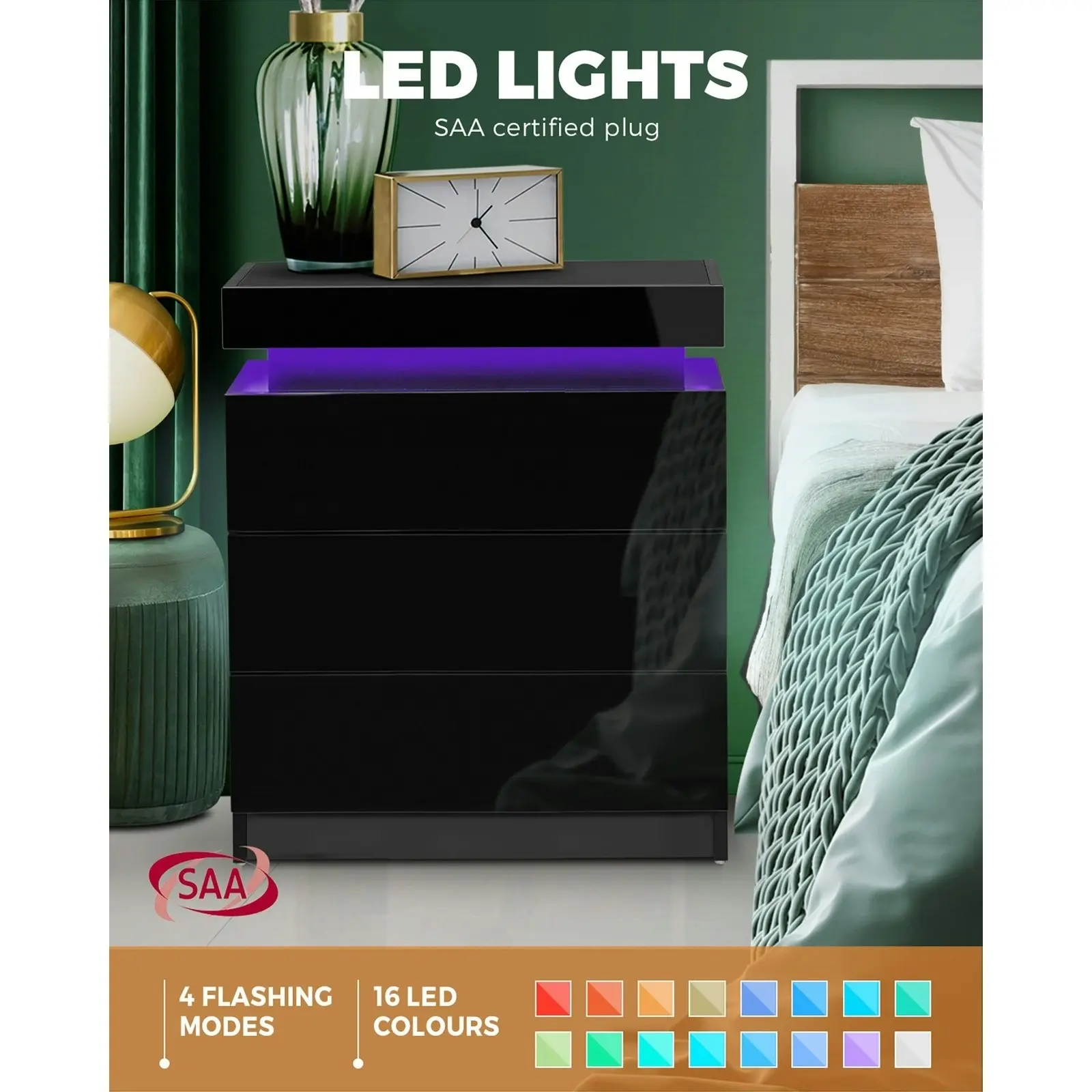 Oikiture Bedside Tables Set of 2 LED Nightstand Cabinet Side Table Black