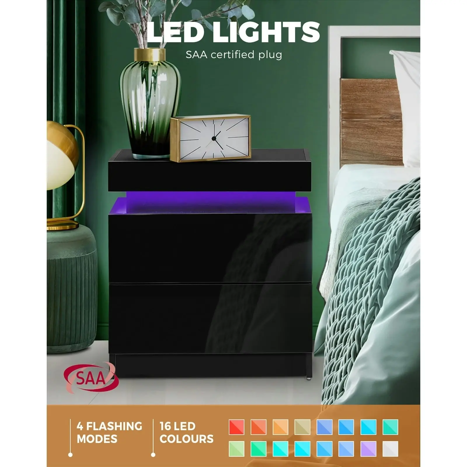 Oikiture Bedside Tables Set of 2 LED Nightstand Cabinet 2 Drawers Side Table