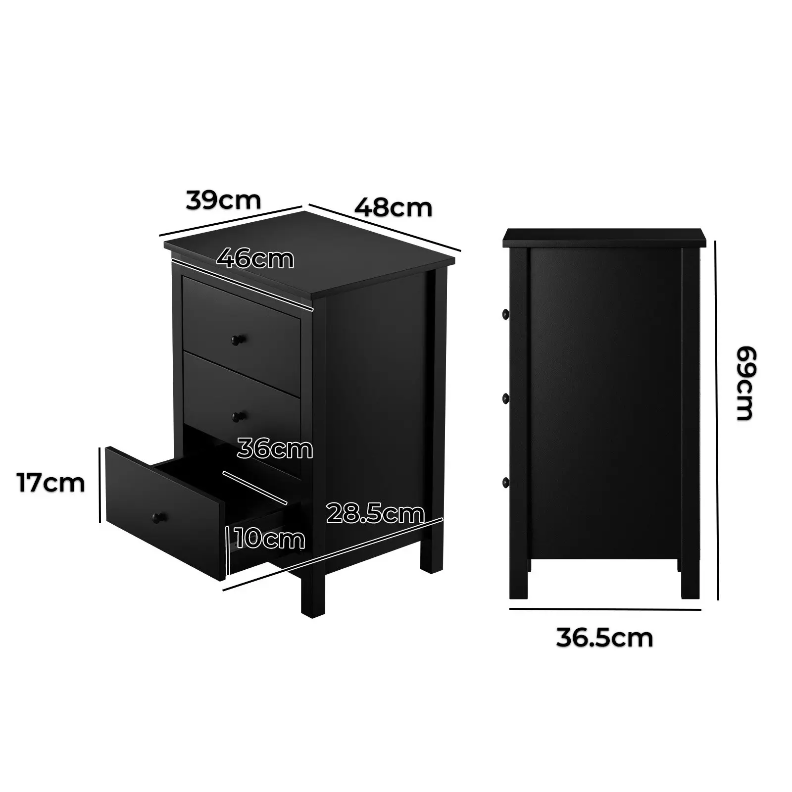 Oikiture Bedside Tables Set of 2 Nightstands Storage Cabinet 3 Drawers Black