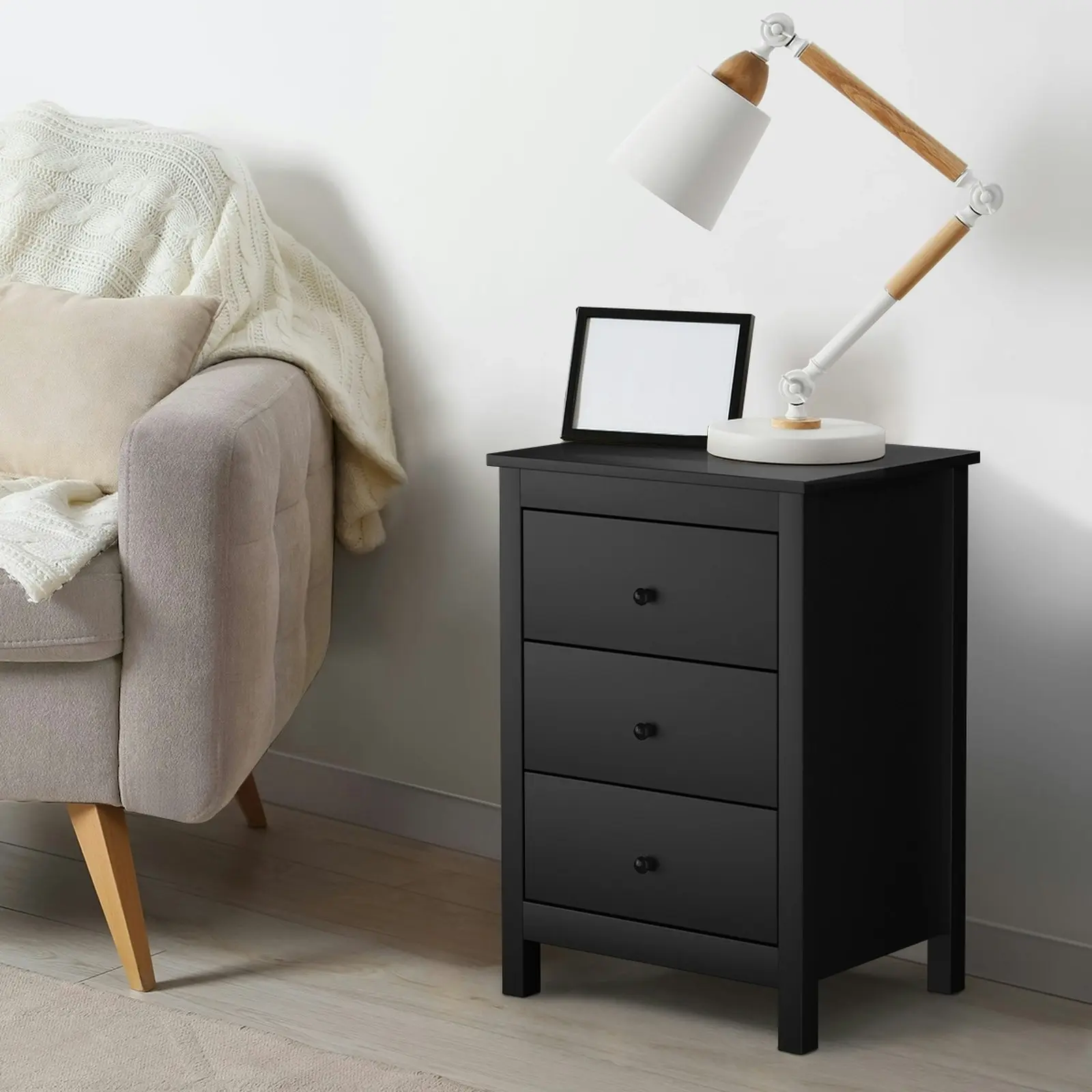 Oikiture Bedside Tables Set of 2 Nightstands Storage Cabinet 3 Drawers Black