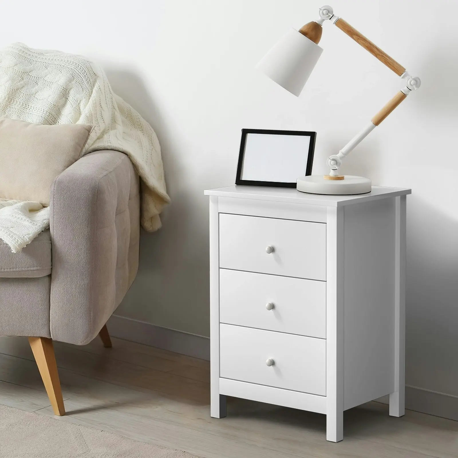 Oikiture Bedside Tables Set of 2 Nightstands Storage Cabinet 3 Drawers White