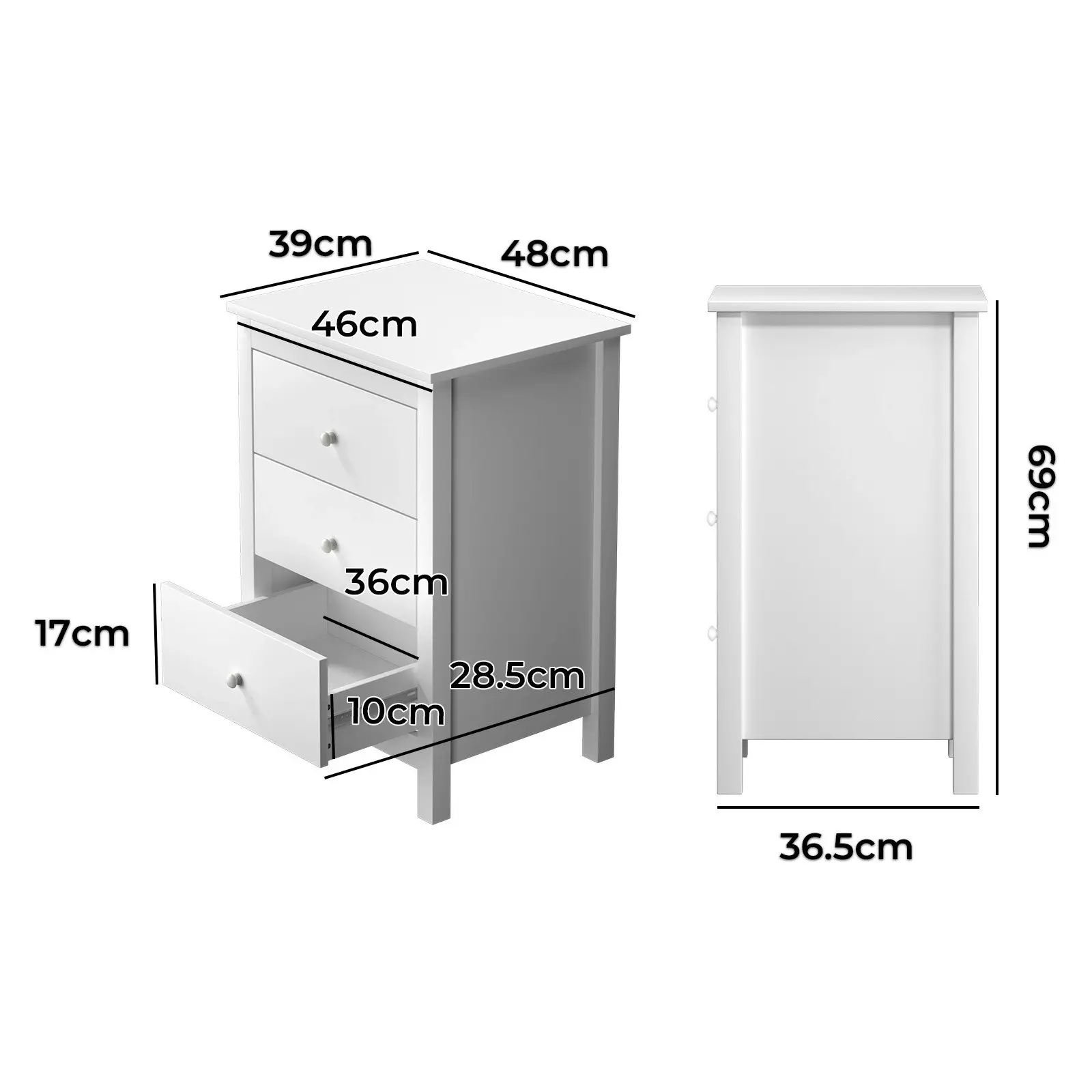 Oikiture Bedside Tables Set of 2 Nightstands Storage Cabinet 3 Drawers White