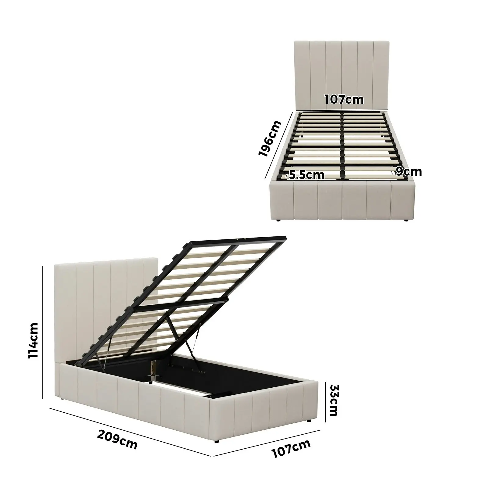 Oikiture Bed Frame King Single Size Gas Lift Storage Base VISH