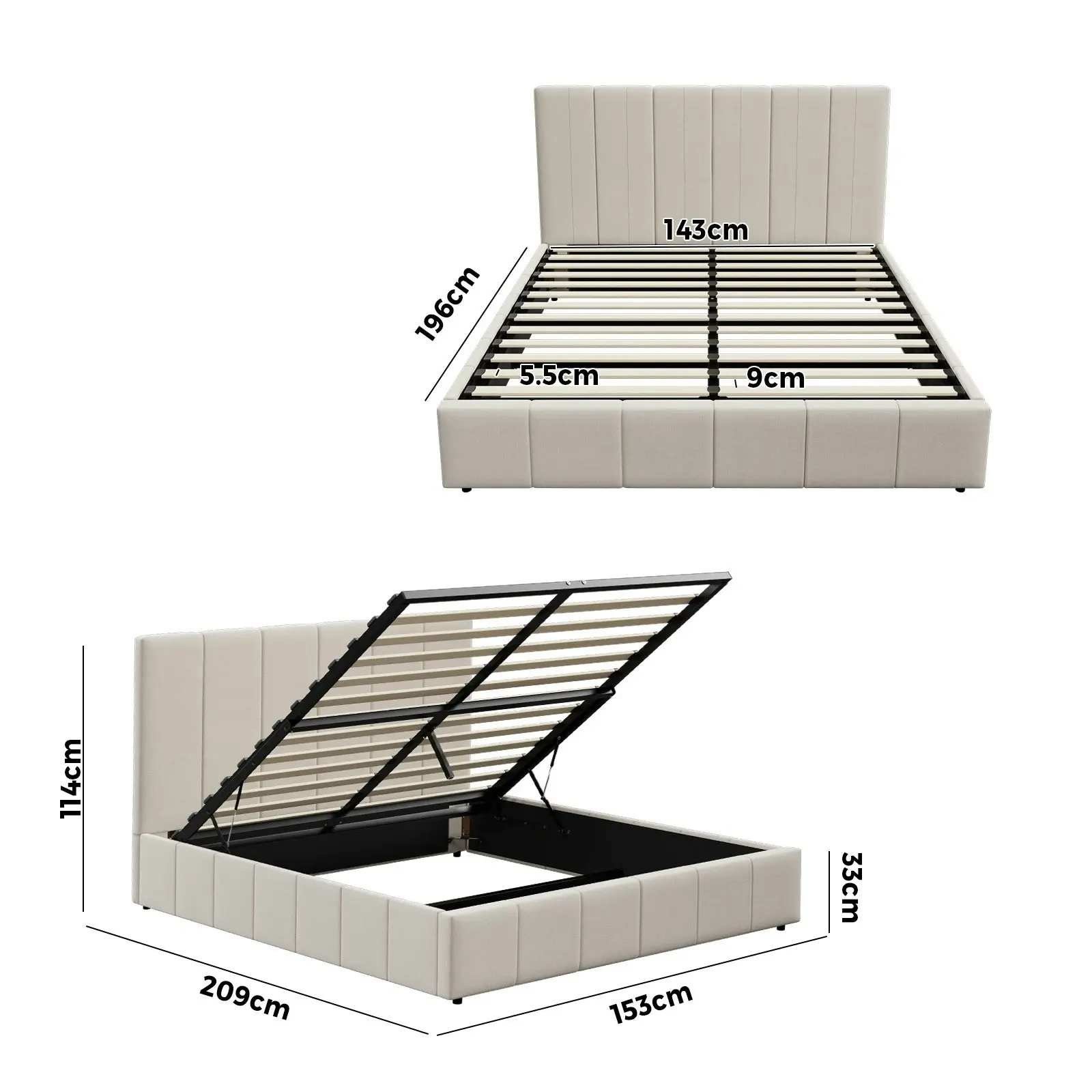 Oikiture Bed Frame Queen Size Gas Lift Storage Base VISH