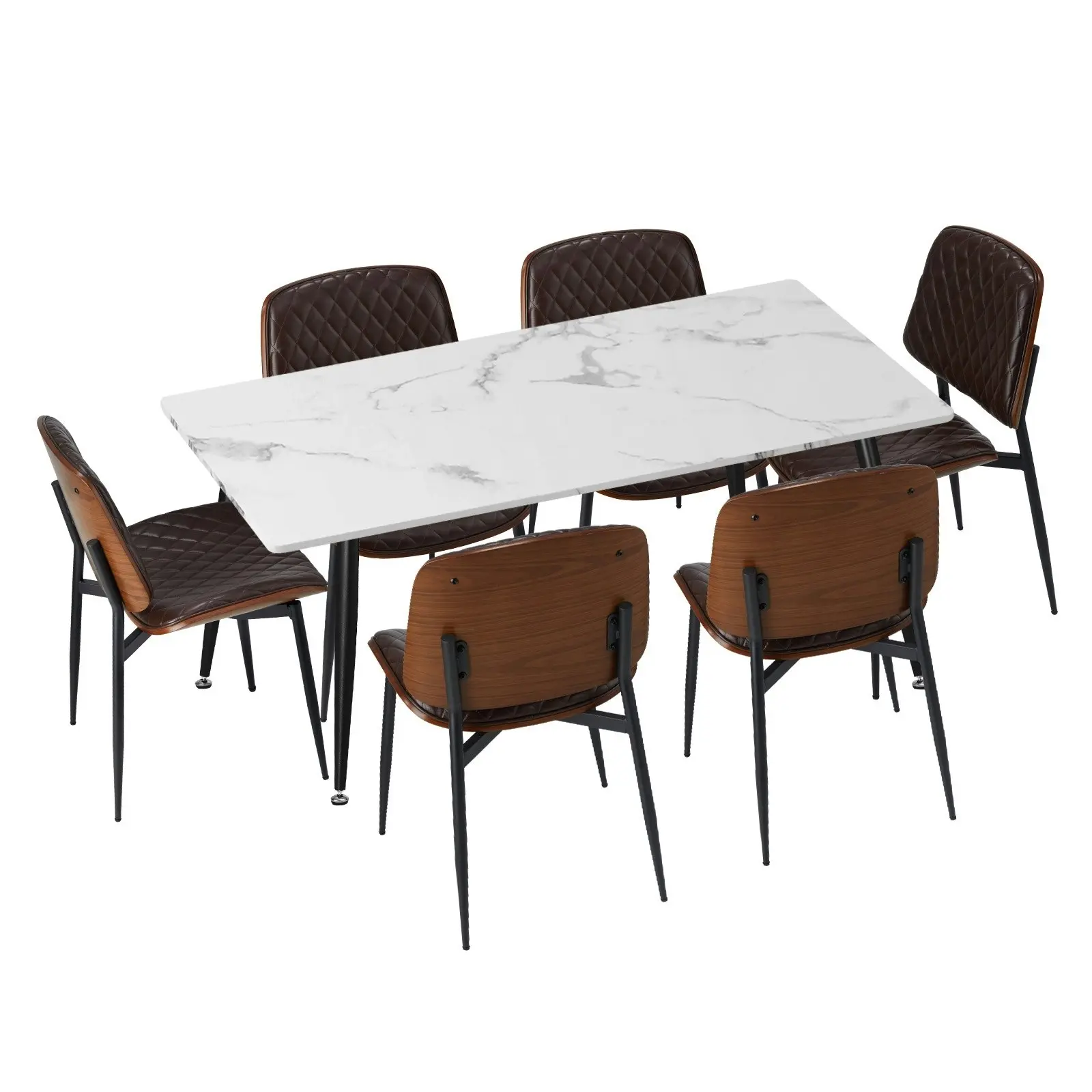 Oikiture 120cm Rectangle Dining Table with 6PCS Dining Chairs PU Walnut