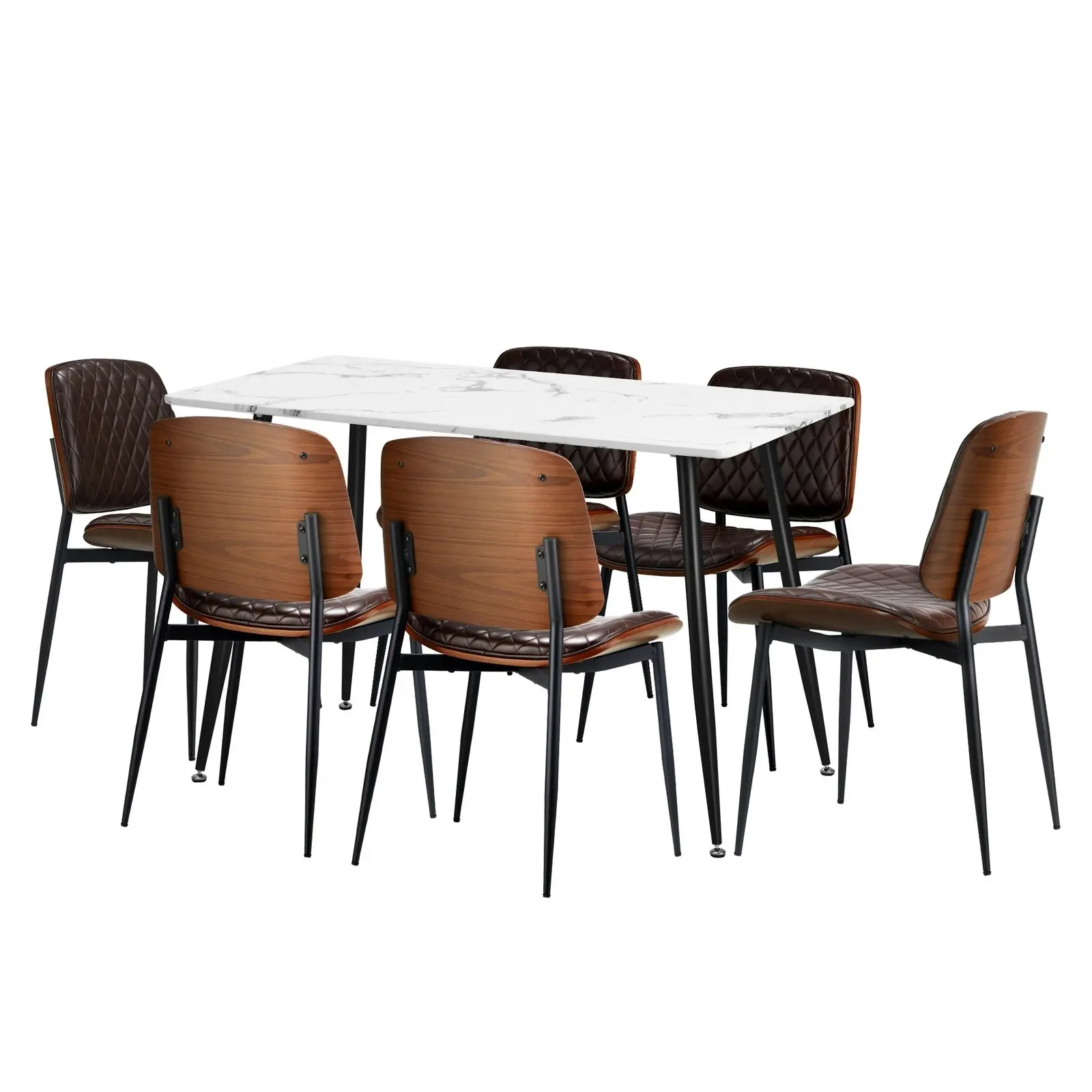 Oikiture 120cm Rectangle Dining Table with 6PCS Dining Chairs PU Walnut