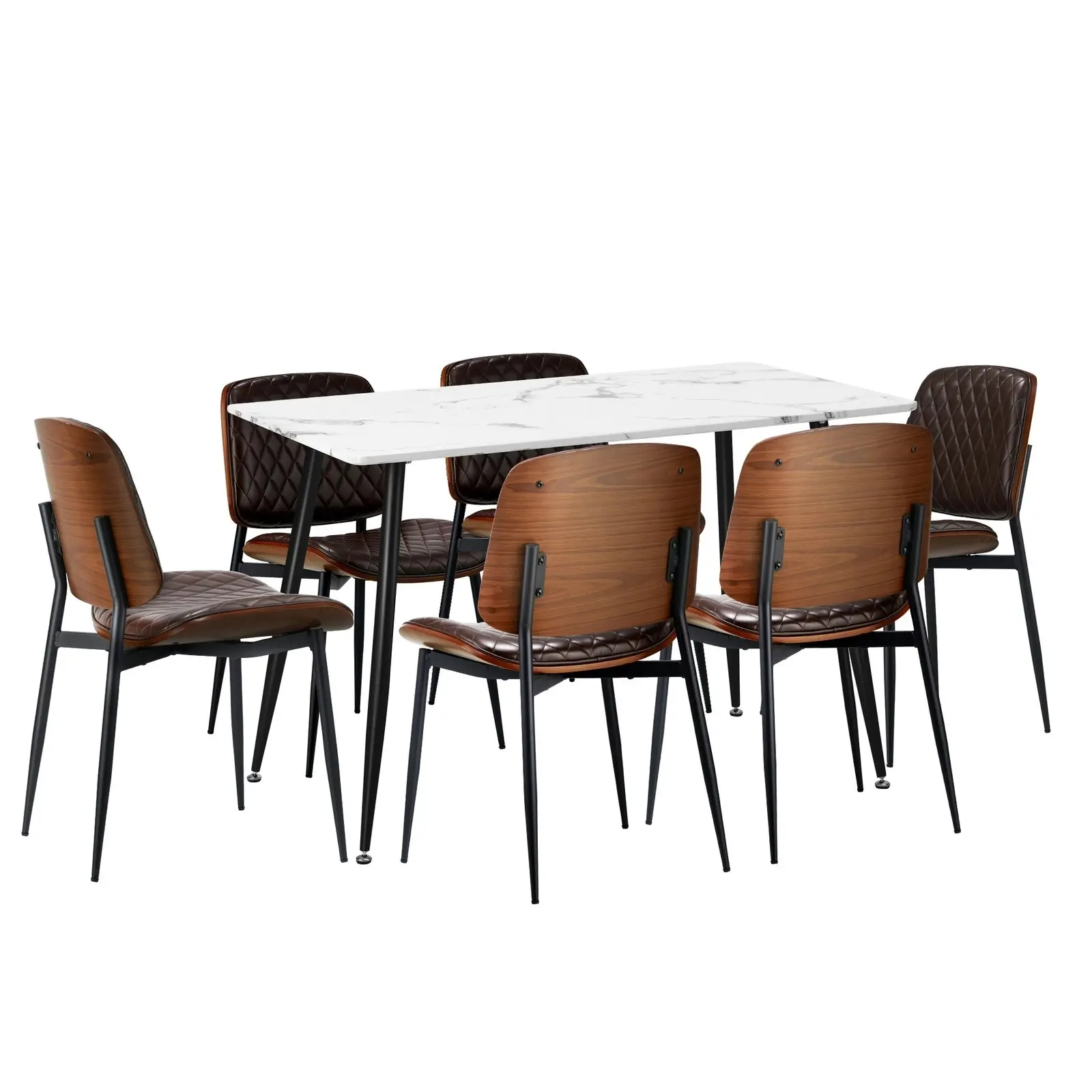 Oikiture 120cm Rectangle Dining Table with 6PCS Dining Chairs PU Walnut